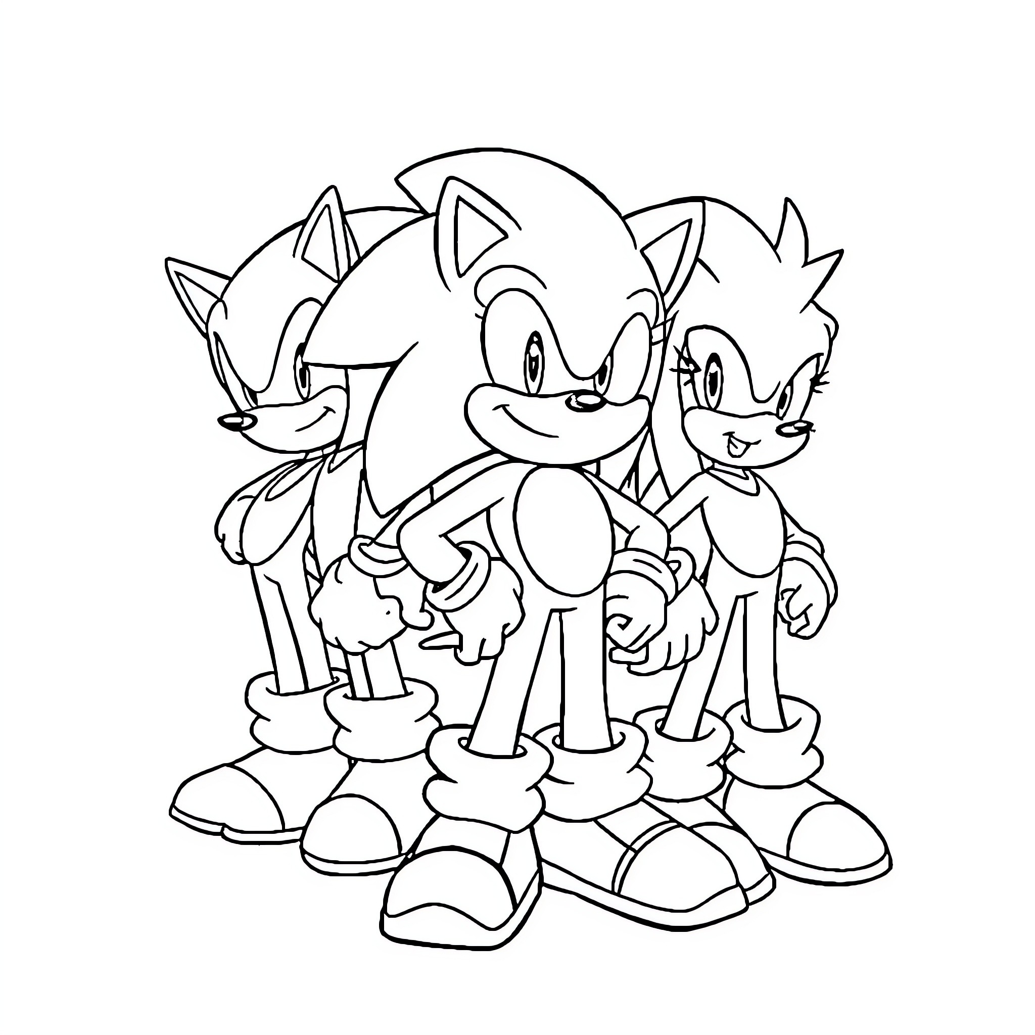 Sonic and friends in lively pose Coloring Page (free black-and-white line drawing printable PDF for all, from beginners to advanced learners, including children, teens, adults, and seniors)