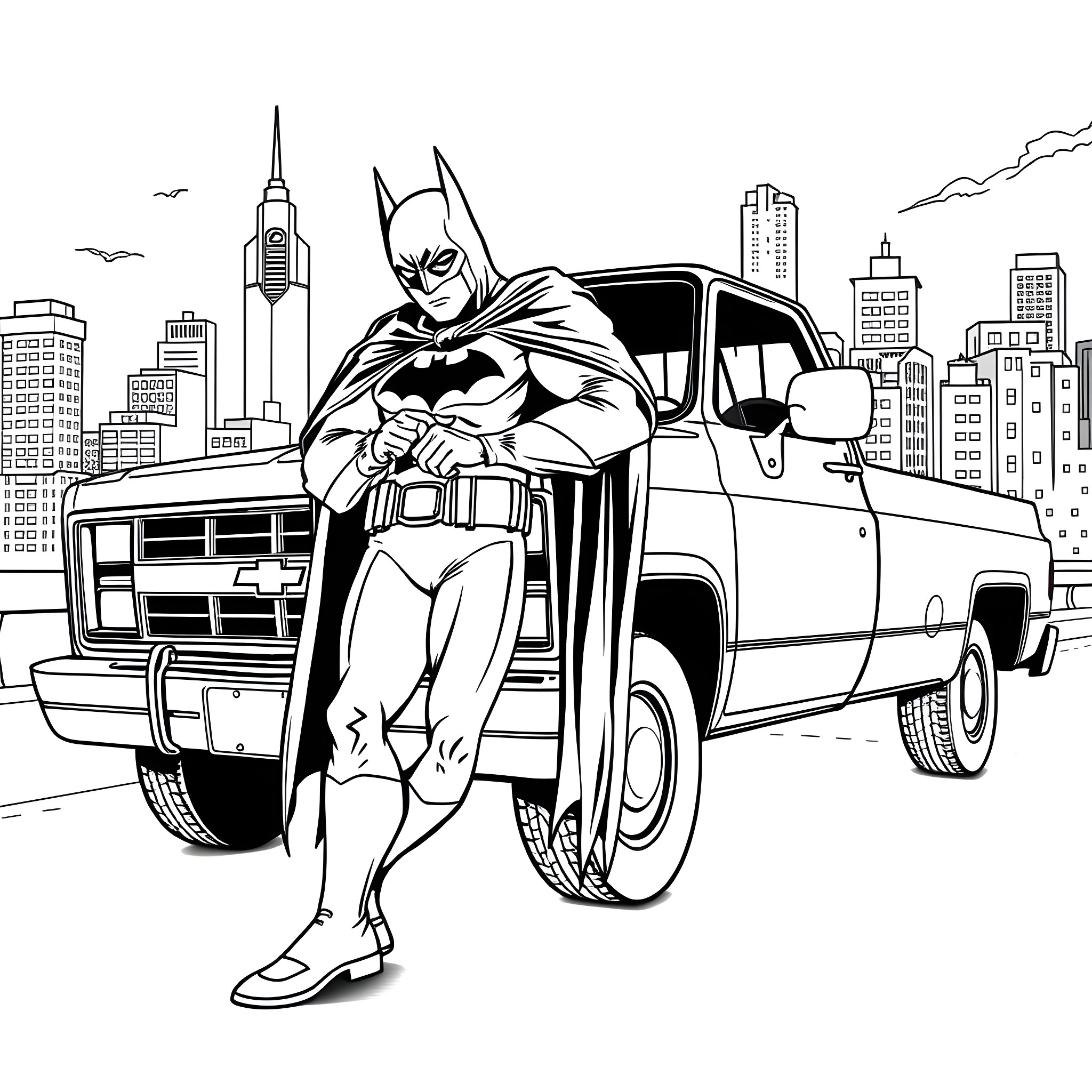 Batman Battles Criminals in the City Coloring Page (free black-and-white line drawing printable PDF for all, from beginners to advanced learners, including children, teens, adults, and seniors)