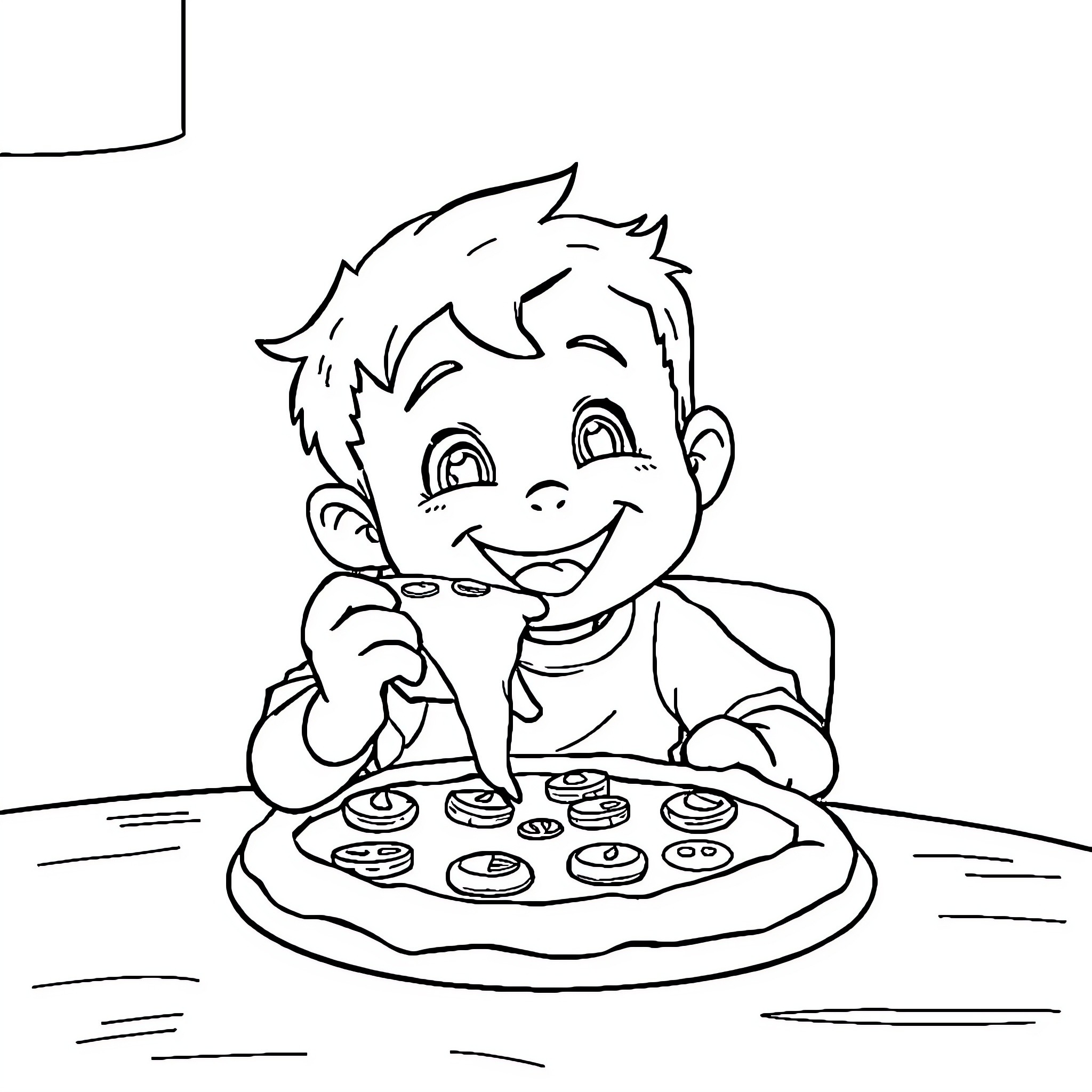 Kai enjoying a pizza party Coloring Page (free black-and-white line drawing printable PDF for all, from beginners to advanced learners, including children, teens, adults, and seniors)