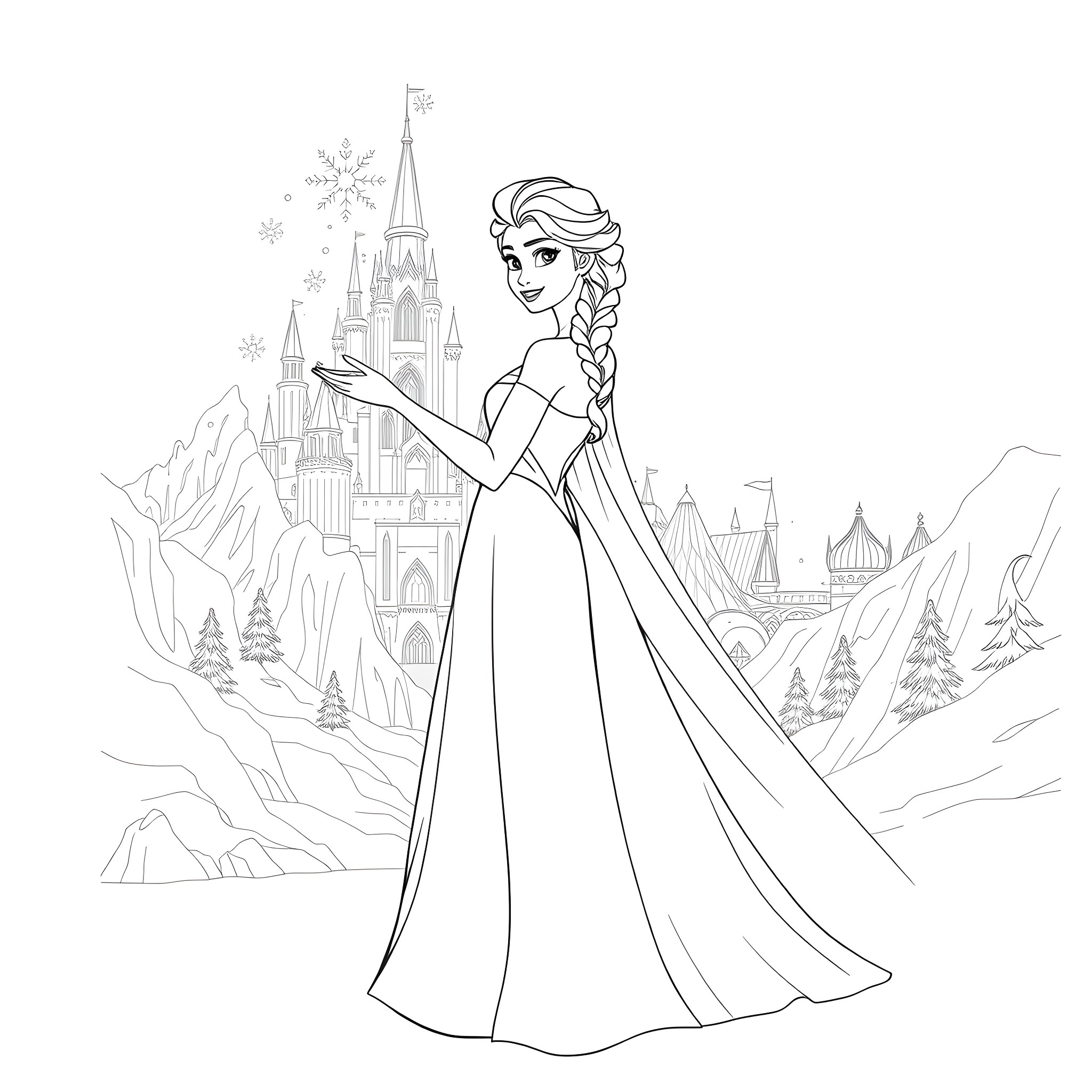 Elsa in her icy kingdom, gazing at her palace Coloring Page (free black-and-white line drawing printable PDF for all, from beginners to advanced learners, including children, teens, adults, and seniors)