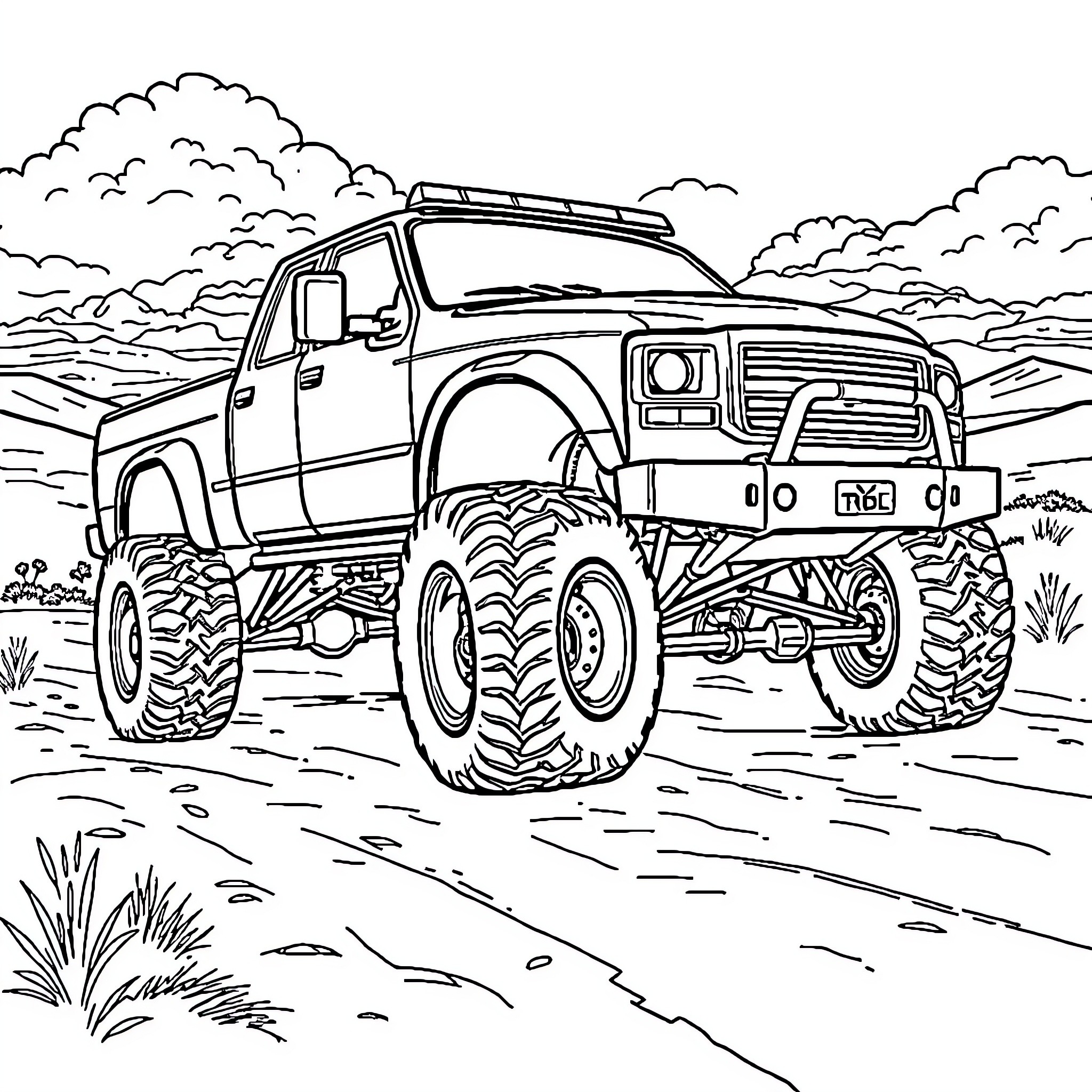 Truck off-roading in rugged landscape Coloring Page (free black-and-white line drawing printable PDF for all, from beginners to advanced learners, including children, teens, adults, and seniors)
