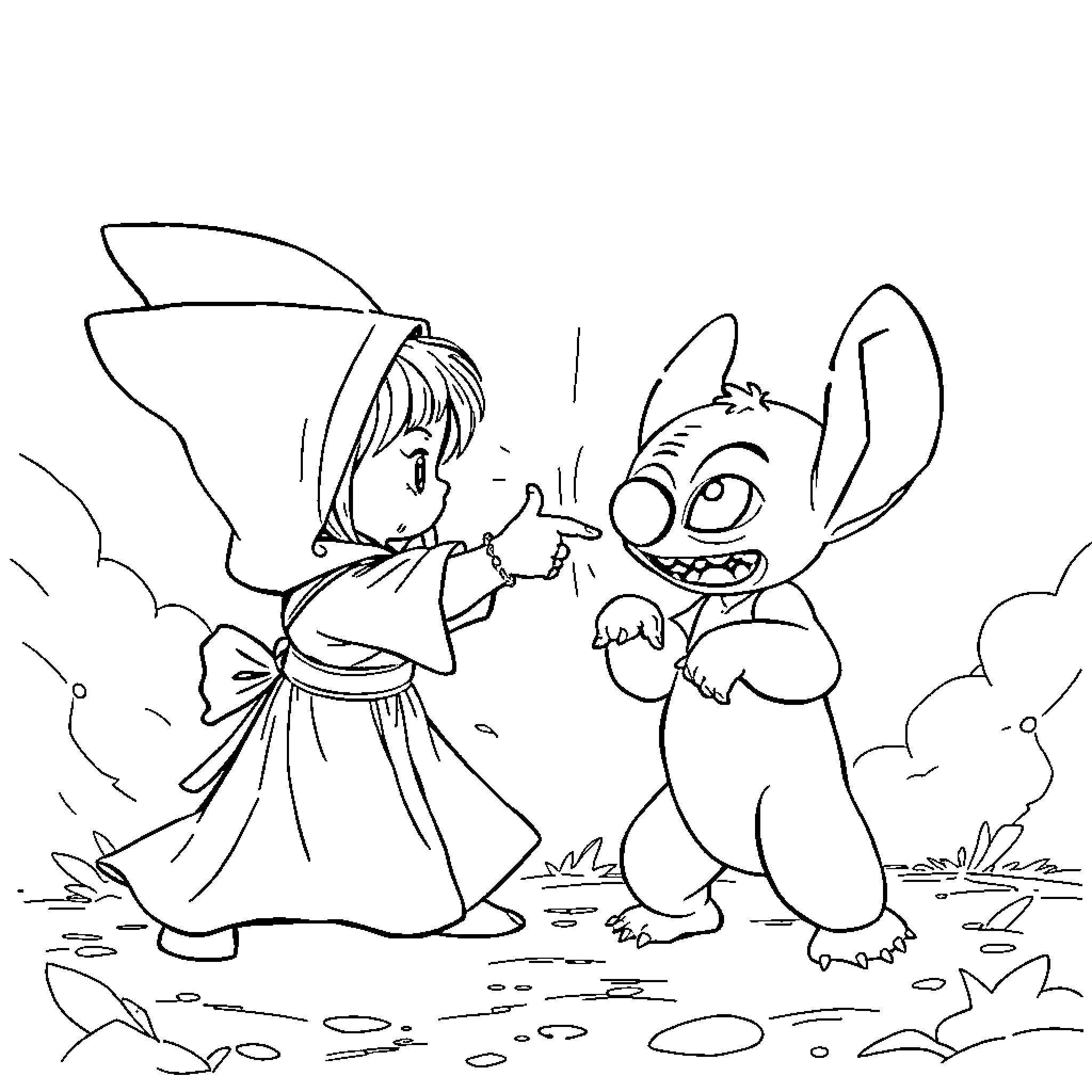 Cinderella and Stitch exploring the outdoors Coloring Page (free black-and-white line drawing printable PDF for all, from beginners to advanced learners, including children, teens, adults, and seniors)