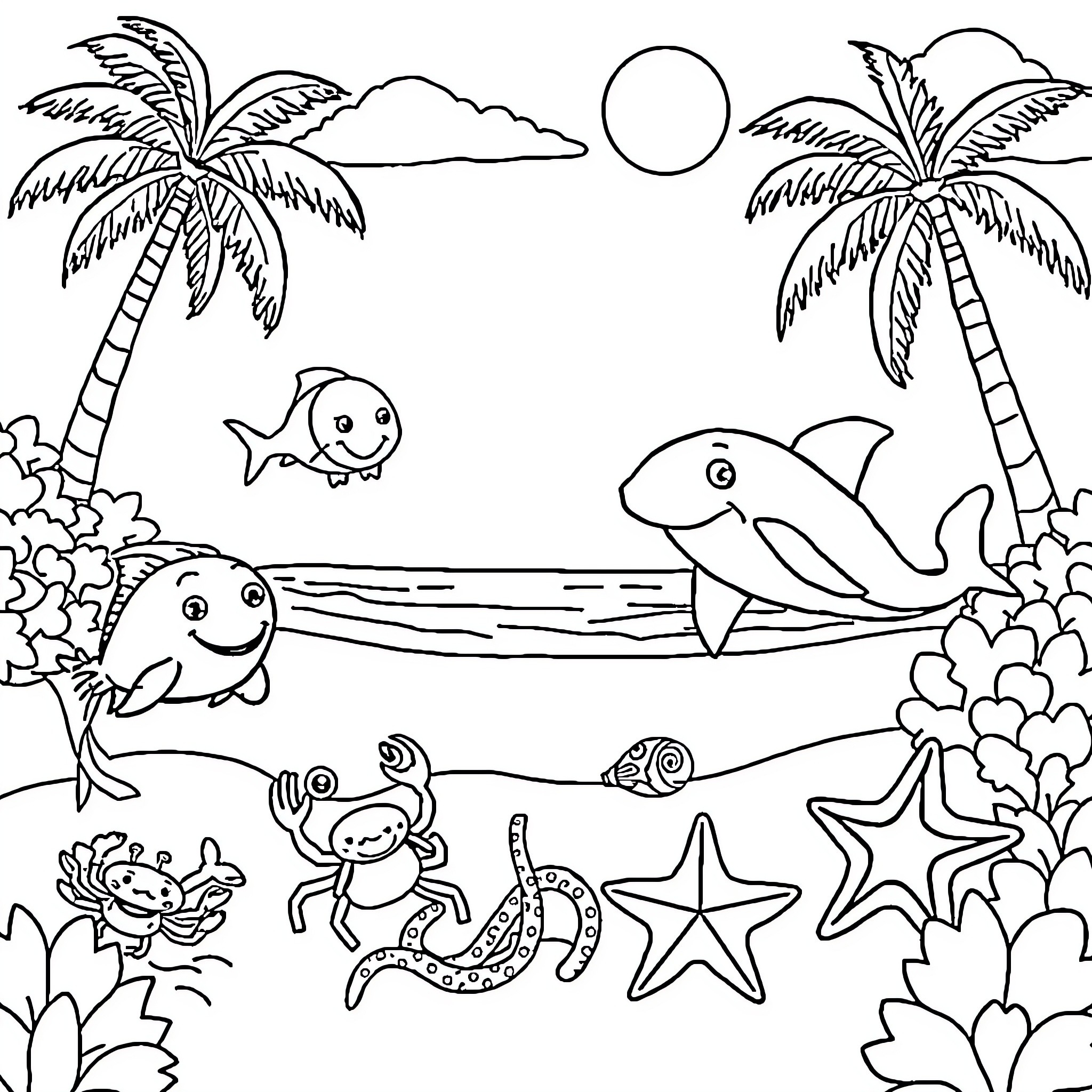Fish swimming playfully in tropical seascape Coloring Page (free black-and-white line drawing printable PDF for all, from beginners to advanced learners, including children, teens, adults, and seniors)