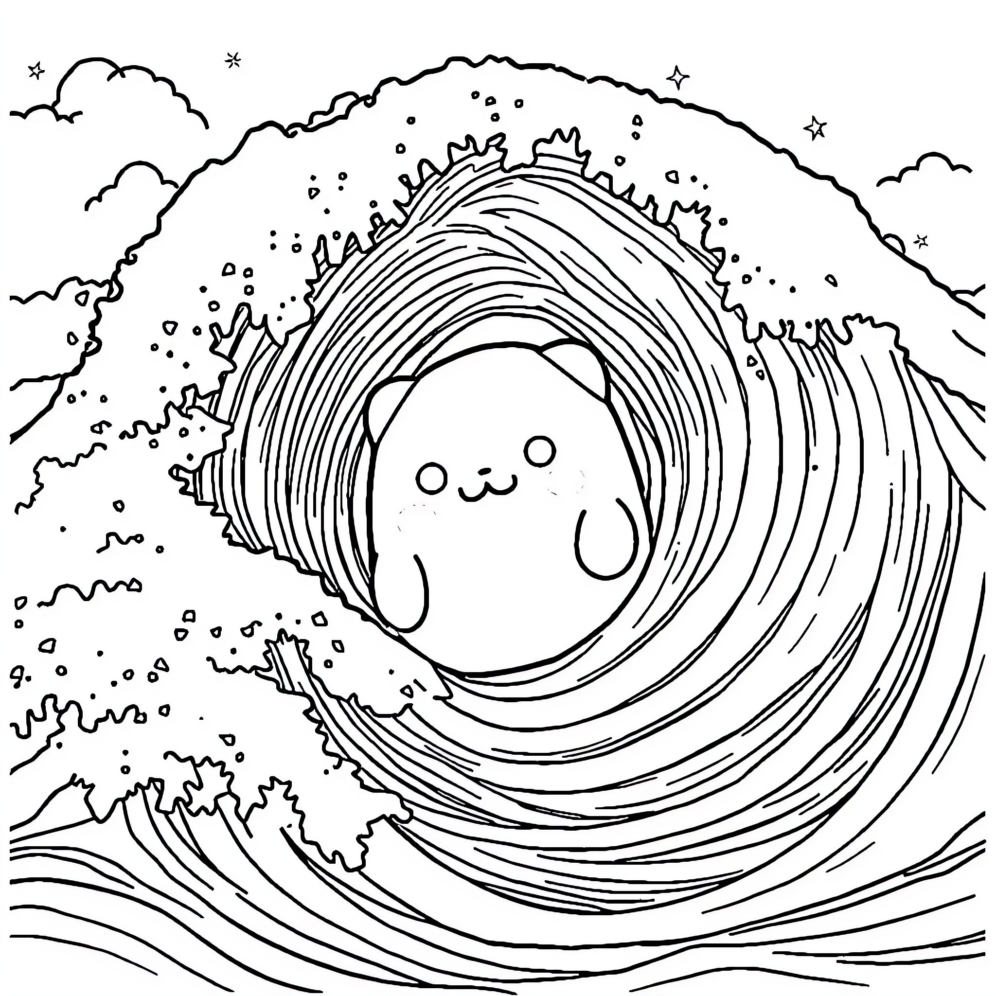 Squishmallow riding a giant wave Coloring Page (free black-and-white line drawing printable PDF for all, from beginners to advanced learners, including children, teens, adults, and seniors)