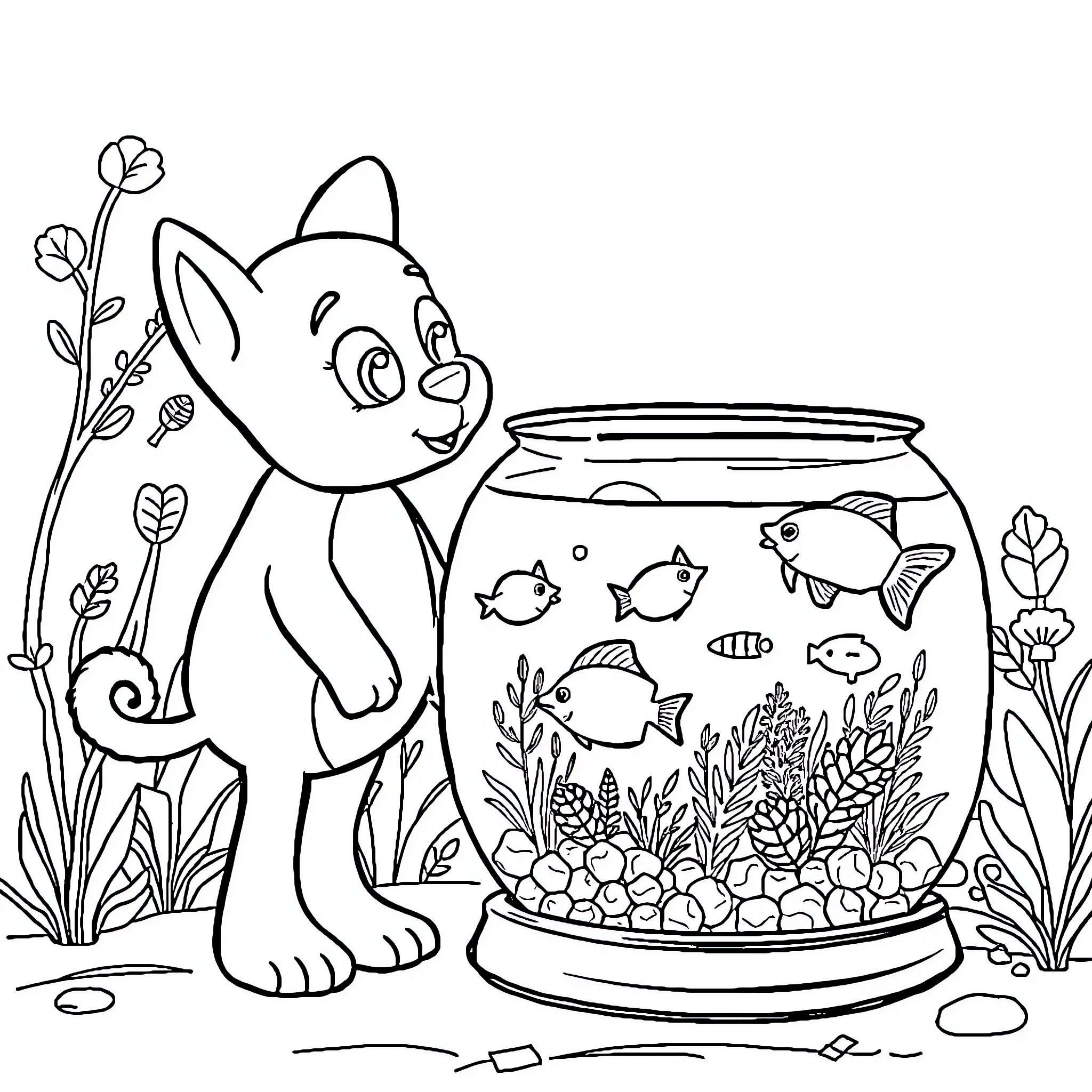 Bluey's Curious Fish Encounter Coloring Page (free black-and-white line drawing printable PDF for all, from beginners to advanced learners, including children, teens, adults, and seniors)