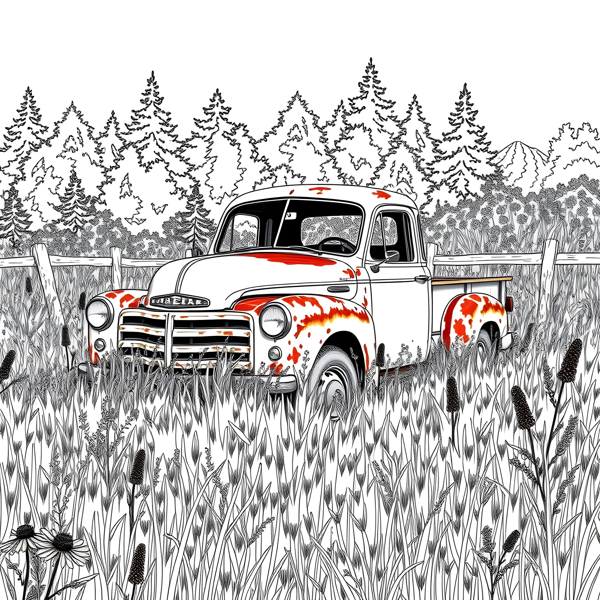 Truck in a Rustic Forest Landscape Coloring Page (free black-and-white line drawing printable PDF for all, from beginners to advanced learners, including children, teens, adults, and seniors)