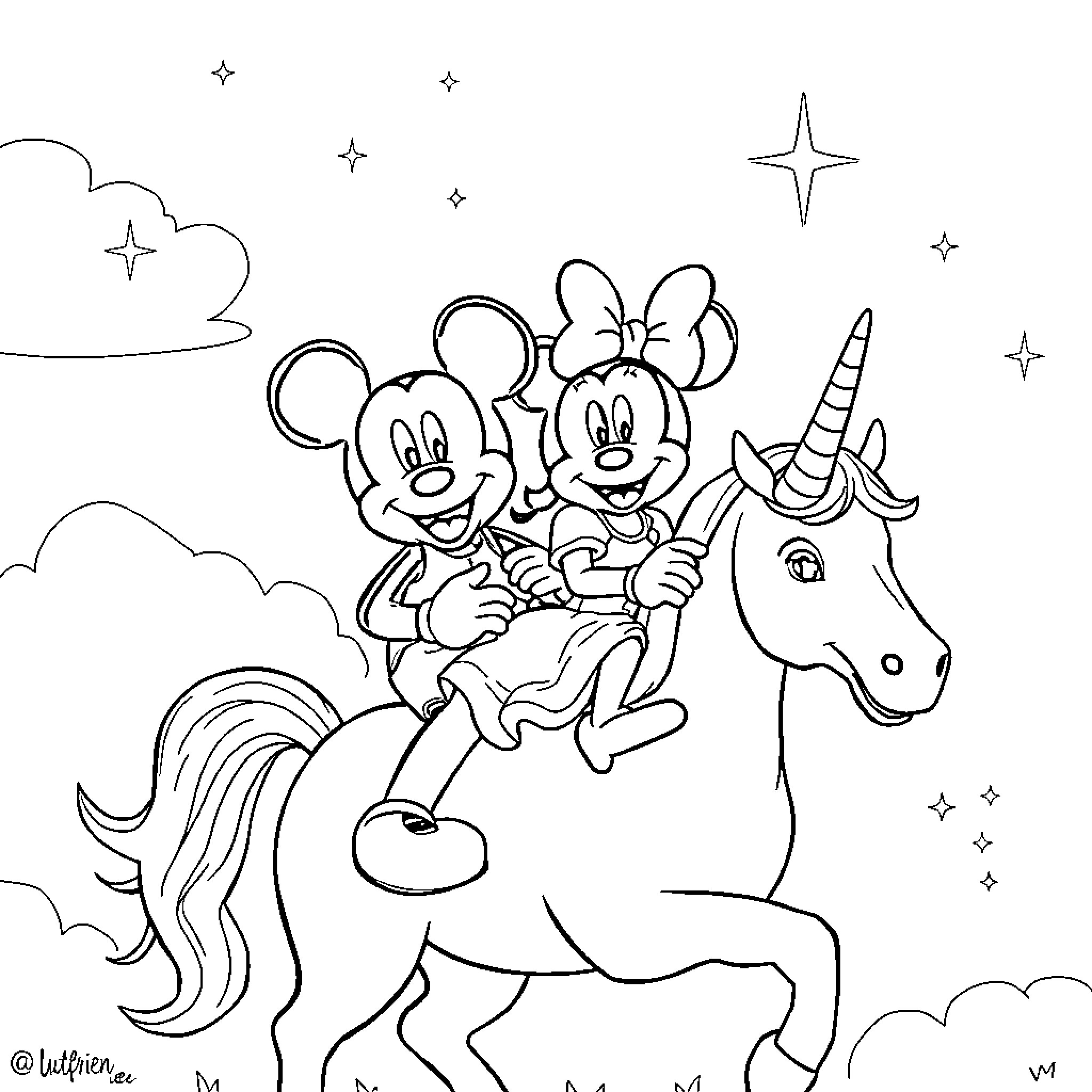 Mickey Mouse and Minnie Mouse riding a unicorn Coloring Page (free black-and-white line drawing printable PDF for all, from beginners to advanced learners, including children, teens, adults, and seniors)