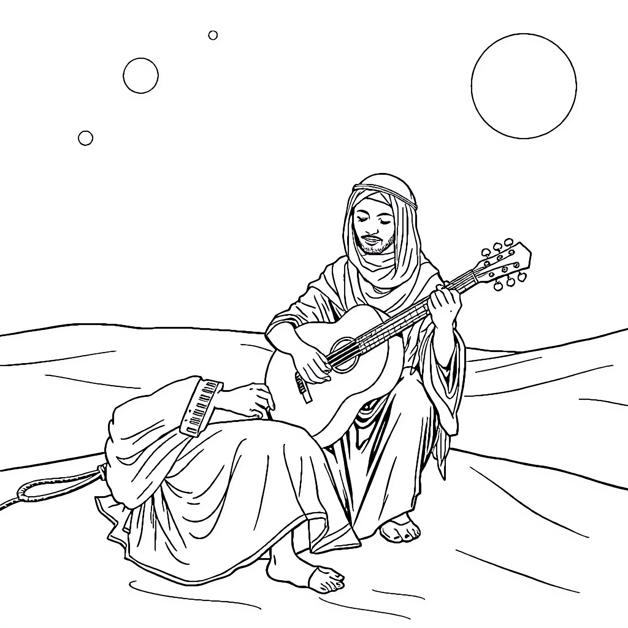 Sahara musician playing guitar in the desert Coloring Page (free black-and-white line drawing printable PDF for all, from beginners to advanced learners, including children, teens, adults, and seniors)