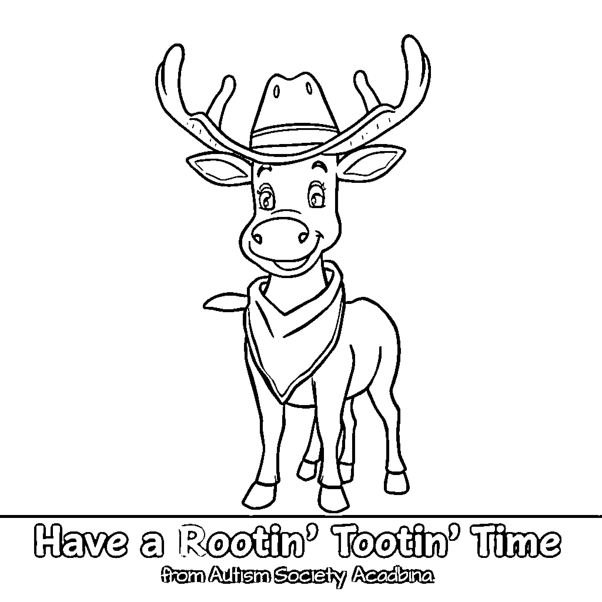 Reindeer in cowboy hat smiling happily Coloring Page (free black-and-white line drawing printable PDF for all, from beginners to advanced learners, including children, teens, adults, and seniors)