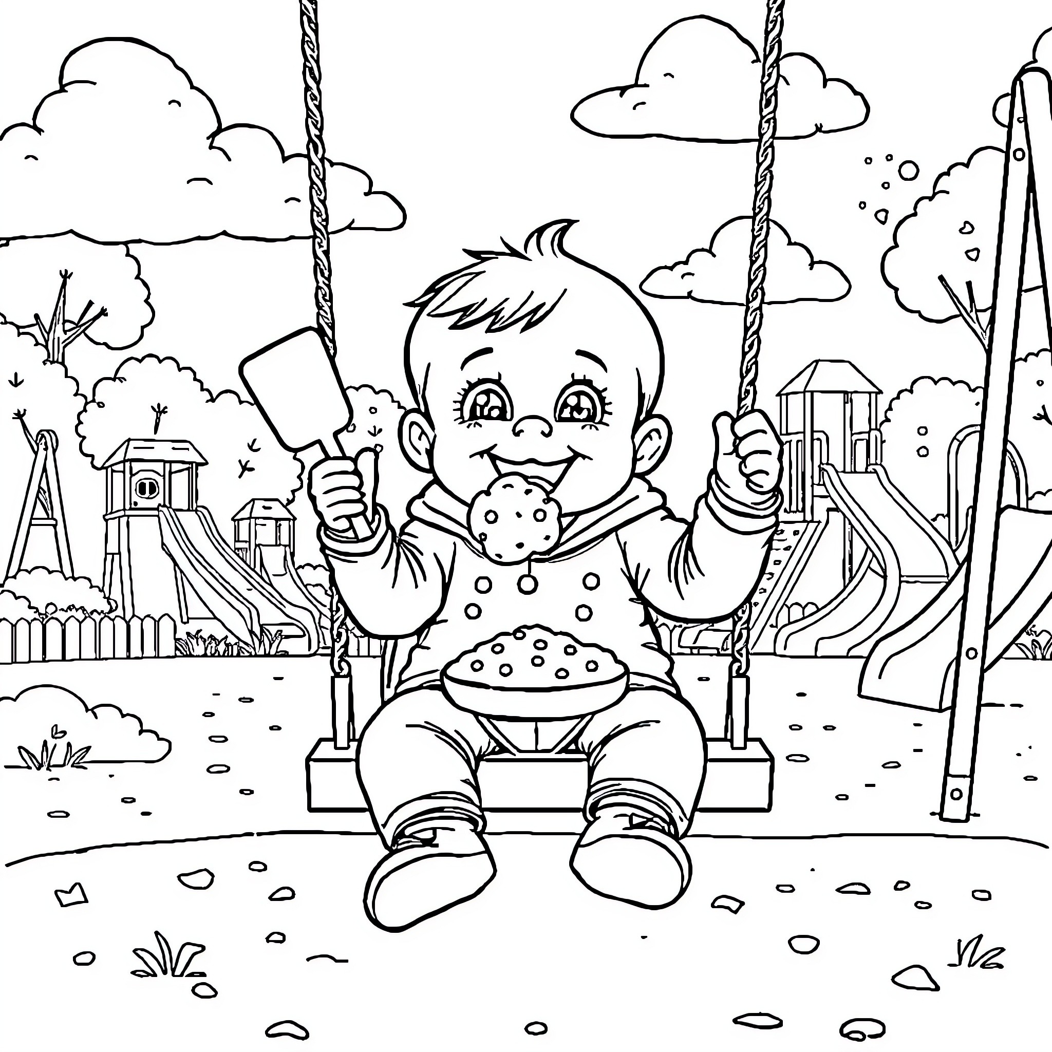 Baby enjoying a fun day at the playground Coloring Page (free black-and-white line drawing printable PDF for all, from beginners to advanced learners, including children, teens, adults, and seniors)