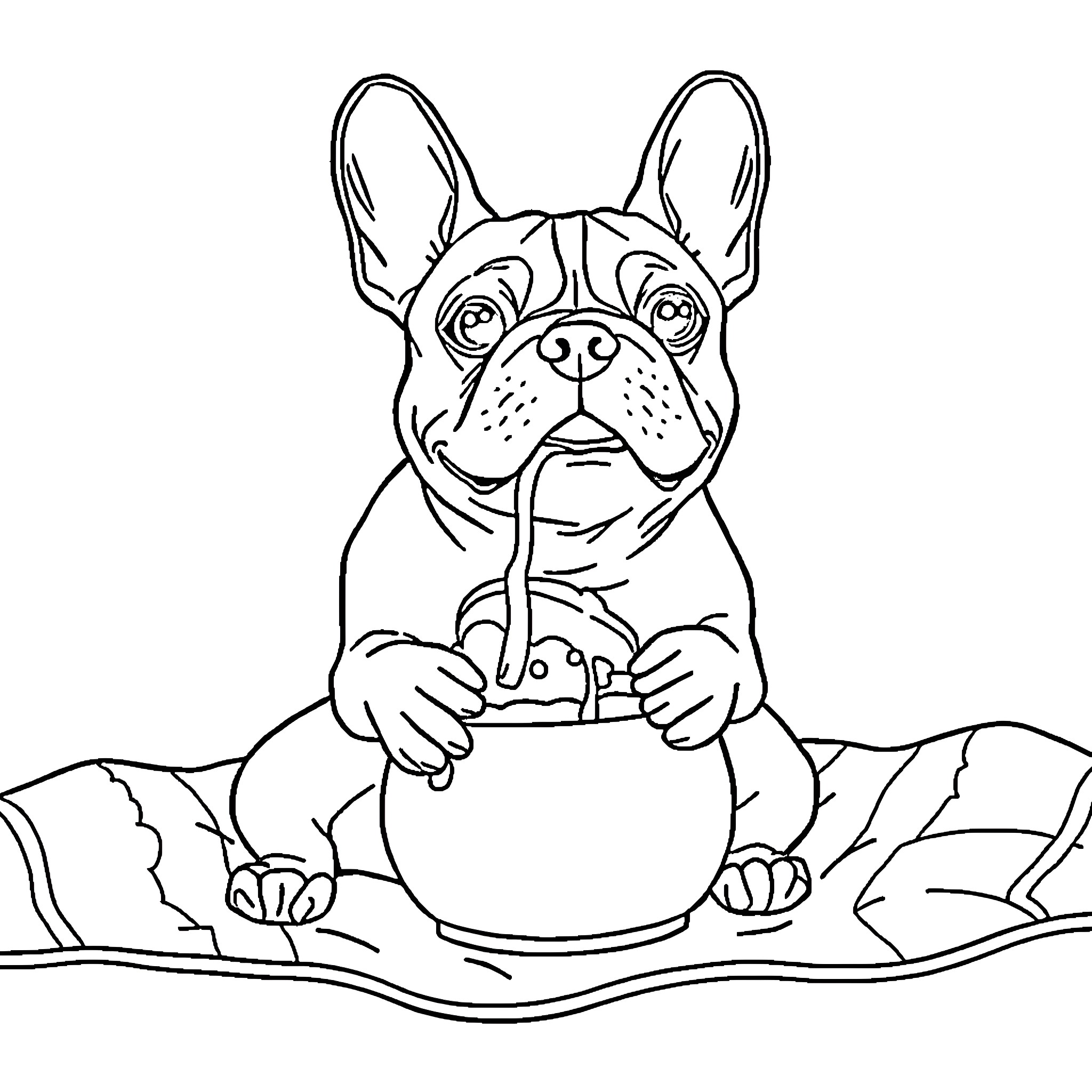 French Bulldog Playing with Toys Coloring Page (free black-and-white line drawing printable PDF for all, from beginners to advanced learners, including children, teens, adults, and seniors)