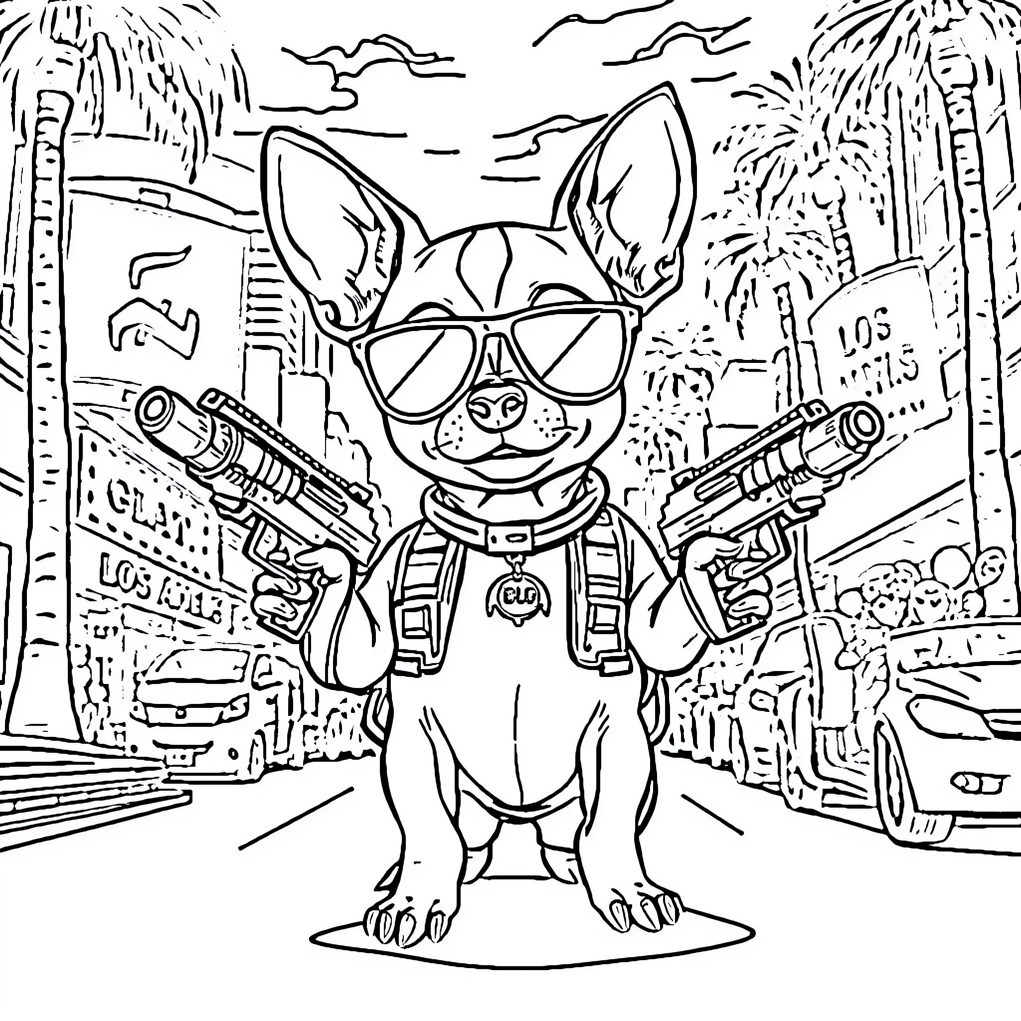 Chihuahua in action-packed urban scene Coloring Page (free black-and-white line drawing printable PDF for all, from beginners to advanced learners, including children, teens, adults, and seniors)