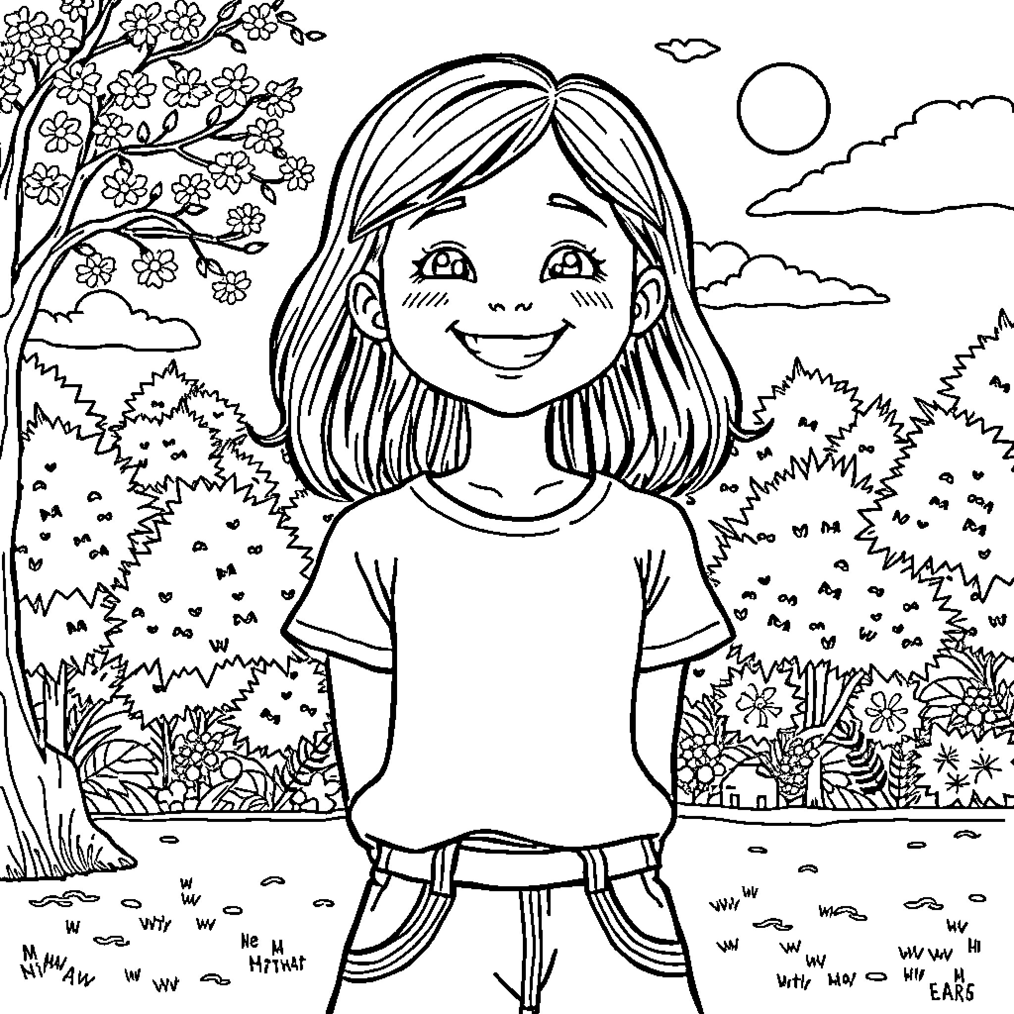 Leah enjoying the outdoors on a sunny day Coloring Page (free black-and-white line drawing printable PDF for all, from beginners to advanced learners, including children, teens, adults, and seniors)