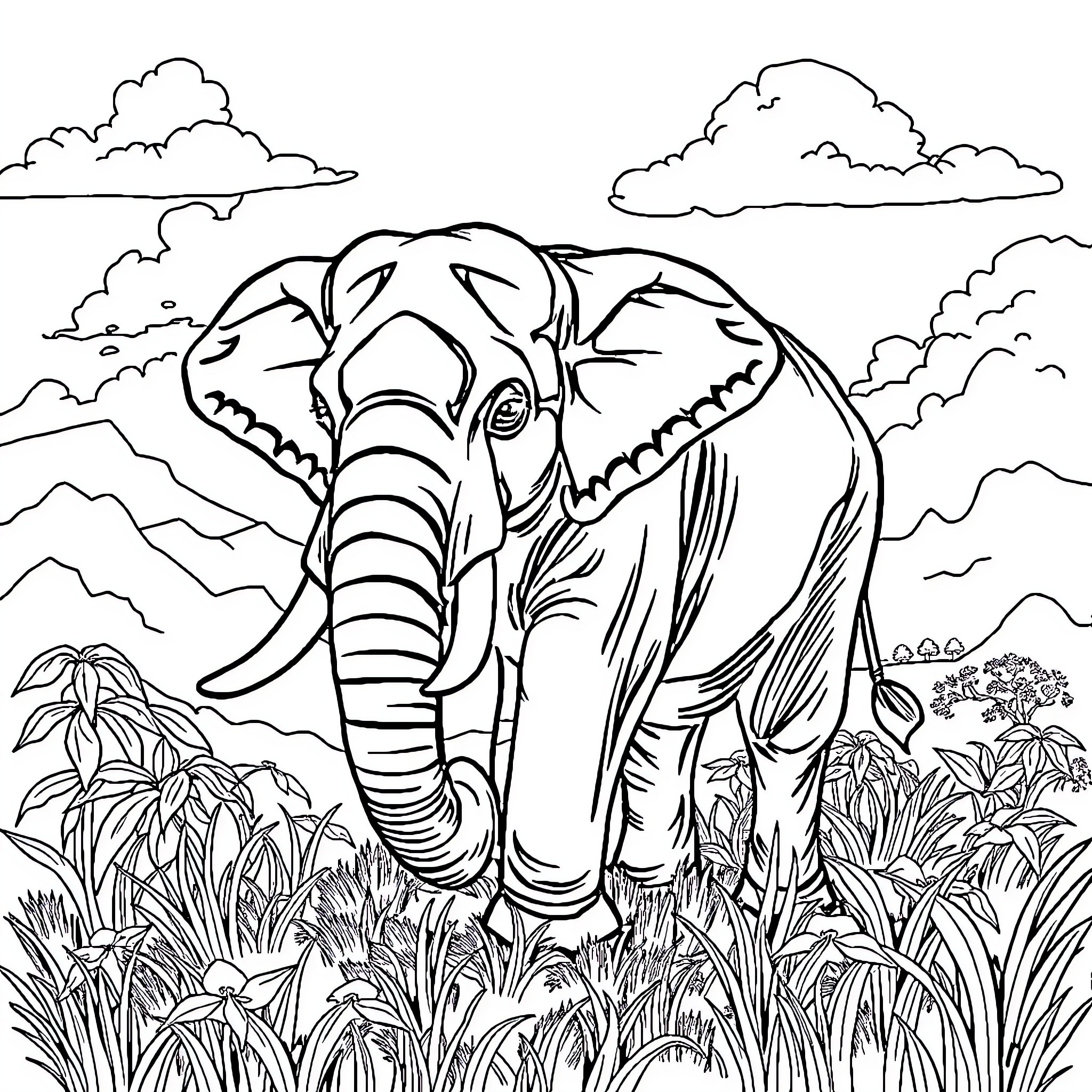 Elephant exploring the lush jungle landscape Coloring Page (free black-and-white line drawing printable PDF for all, from beginners to advanced learners, including children, teens, adults, and seniors)