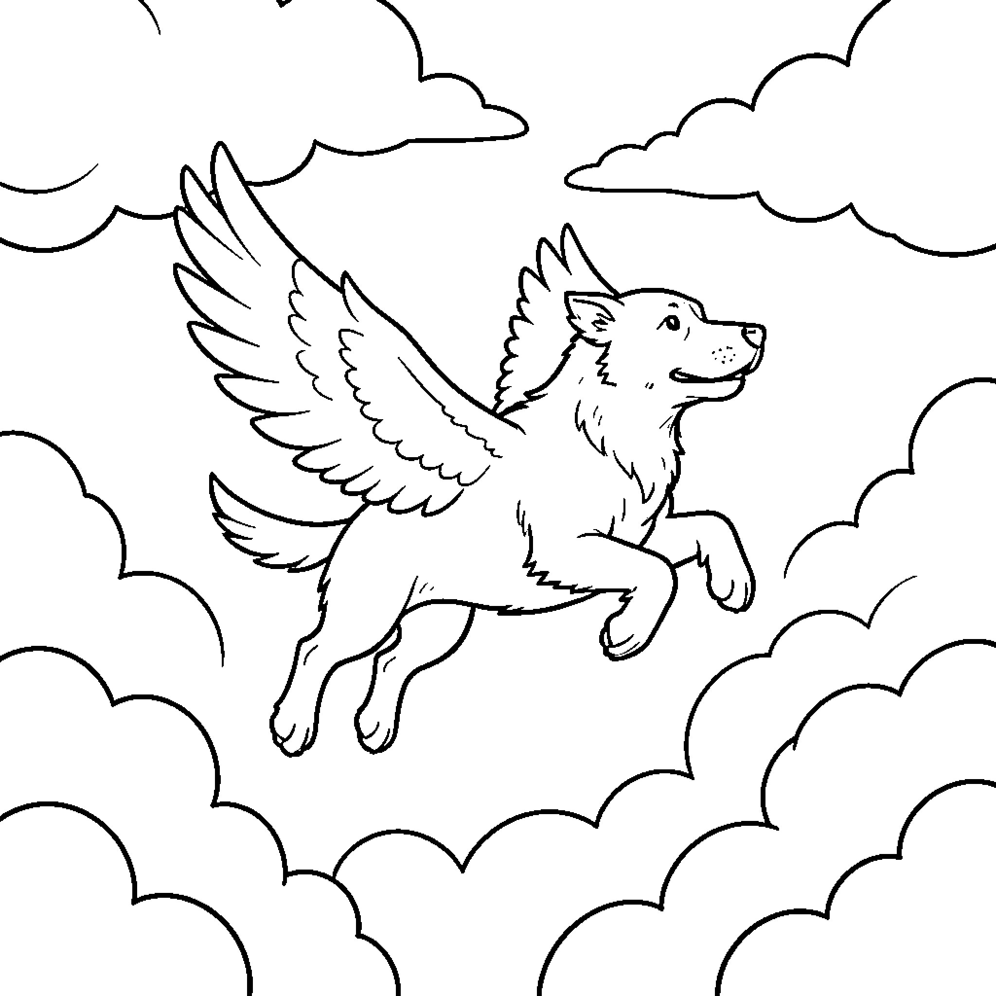 Dog with wings flying through the clouds Coloring Page (free black-and-white line drawing printable PDF for all, from beginners to advanced learners, including children, teens, adults, and seniors)