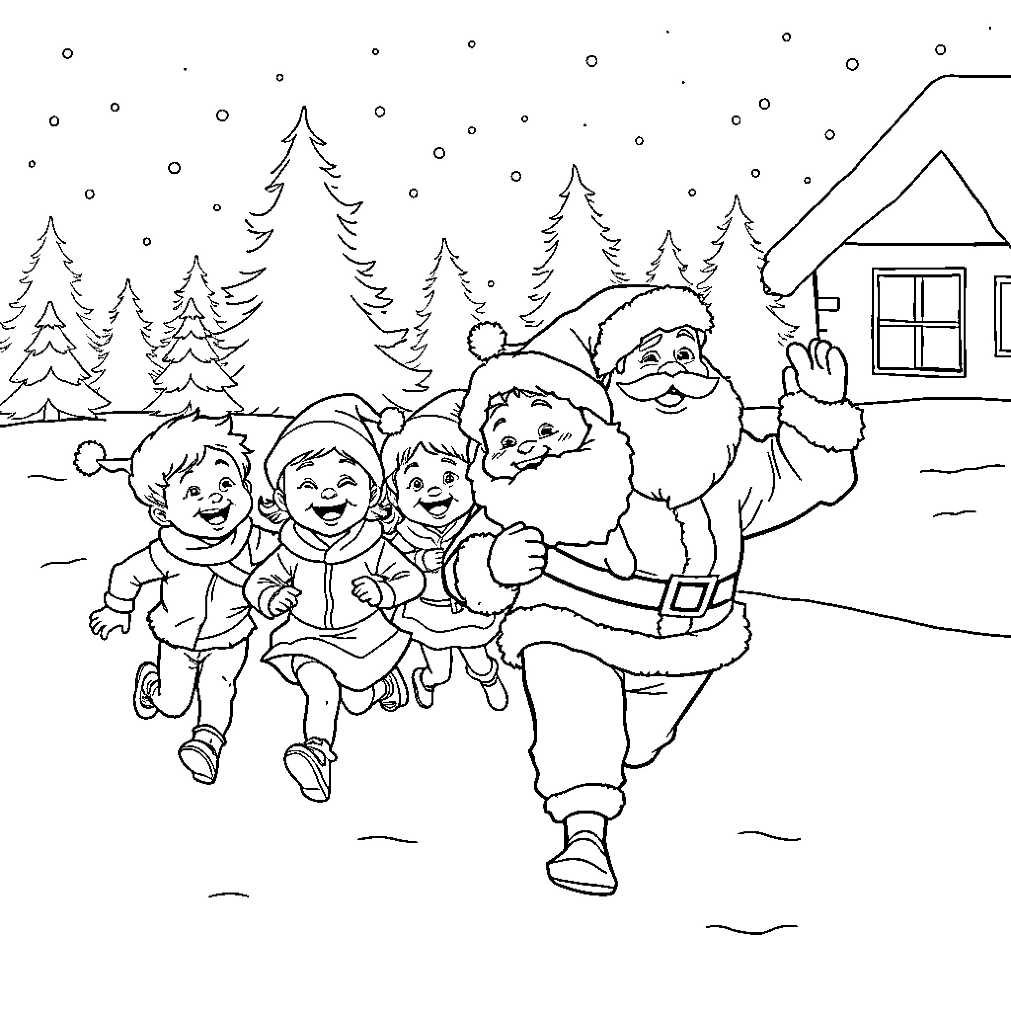 Toddlers playing happily with Santa in the snow Coloring Page (free black-and-white line drawing printable PDF for all, from beginners to advanced learners, including children, teens, adults, and seniors)