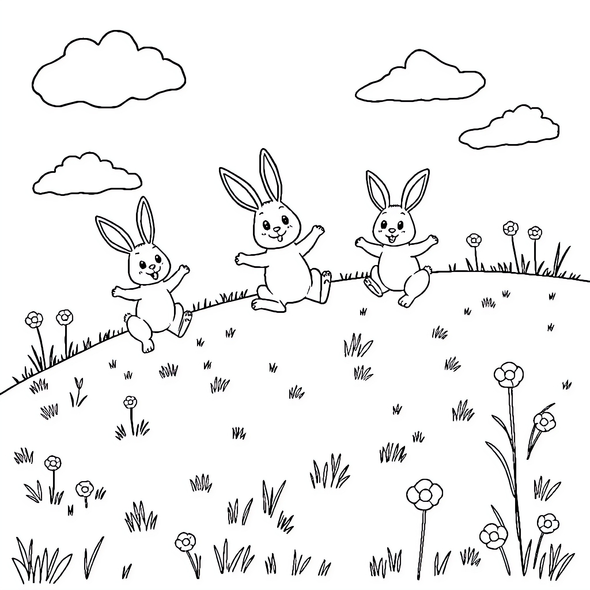 Bunny friends hopping and playing in the meadow Coloring Page (free black-and-white line drawing printable PDF for all, from beginners to advanced learners, including children, teens, adults, and seniors)
