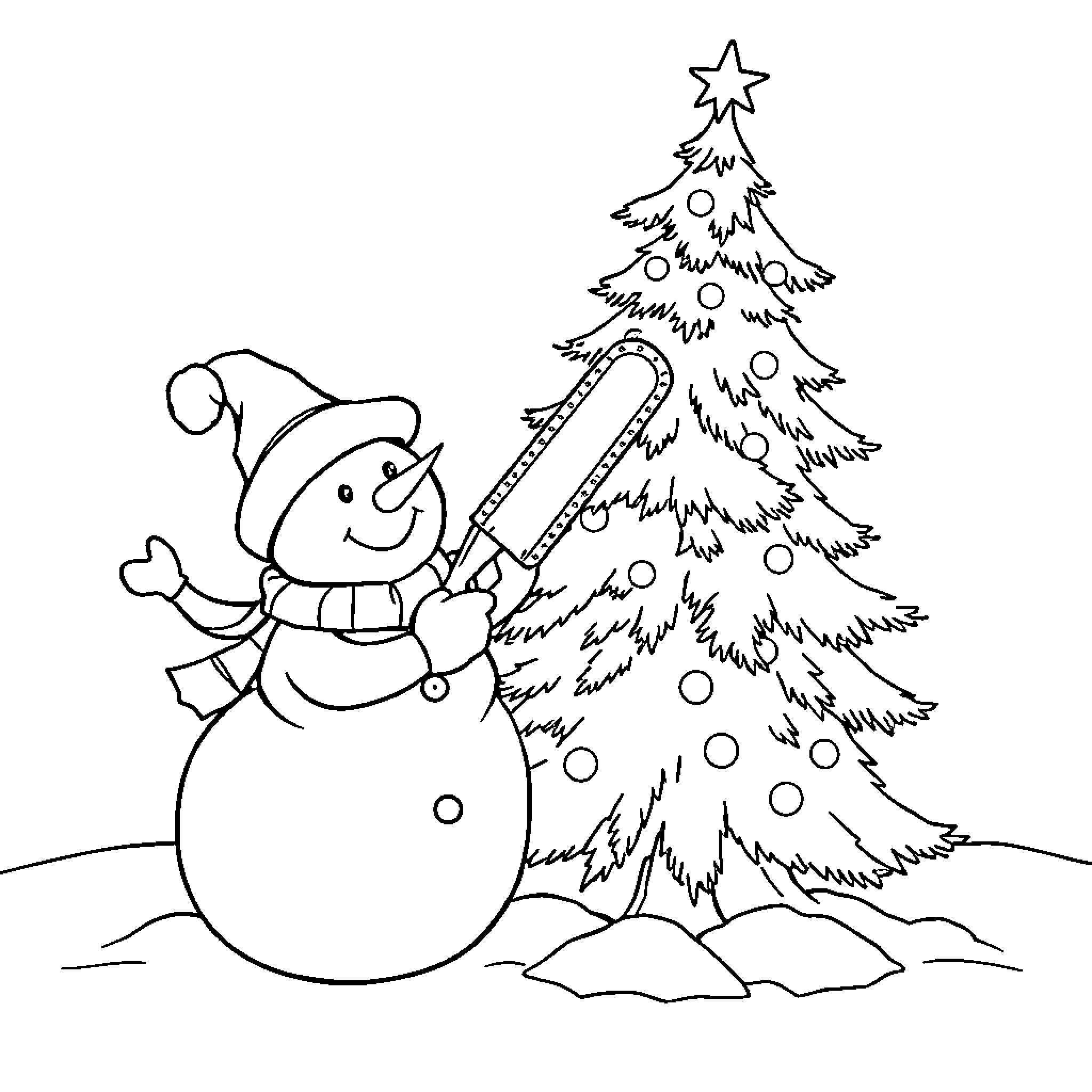 Snowman Celebrating Christmas with Decorated Tree Coloring Page (free black-and-white line drawing printable PDF for all, from beginners to advanced learners, including children, teens, adults, and seniors)