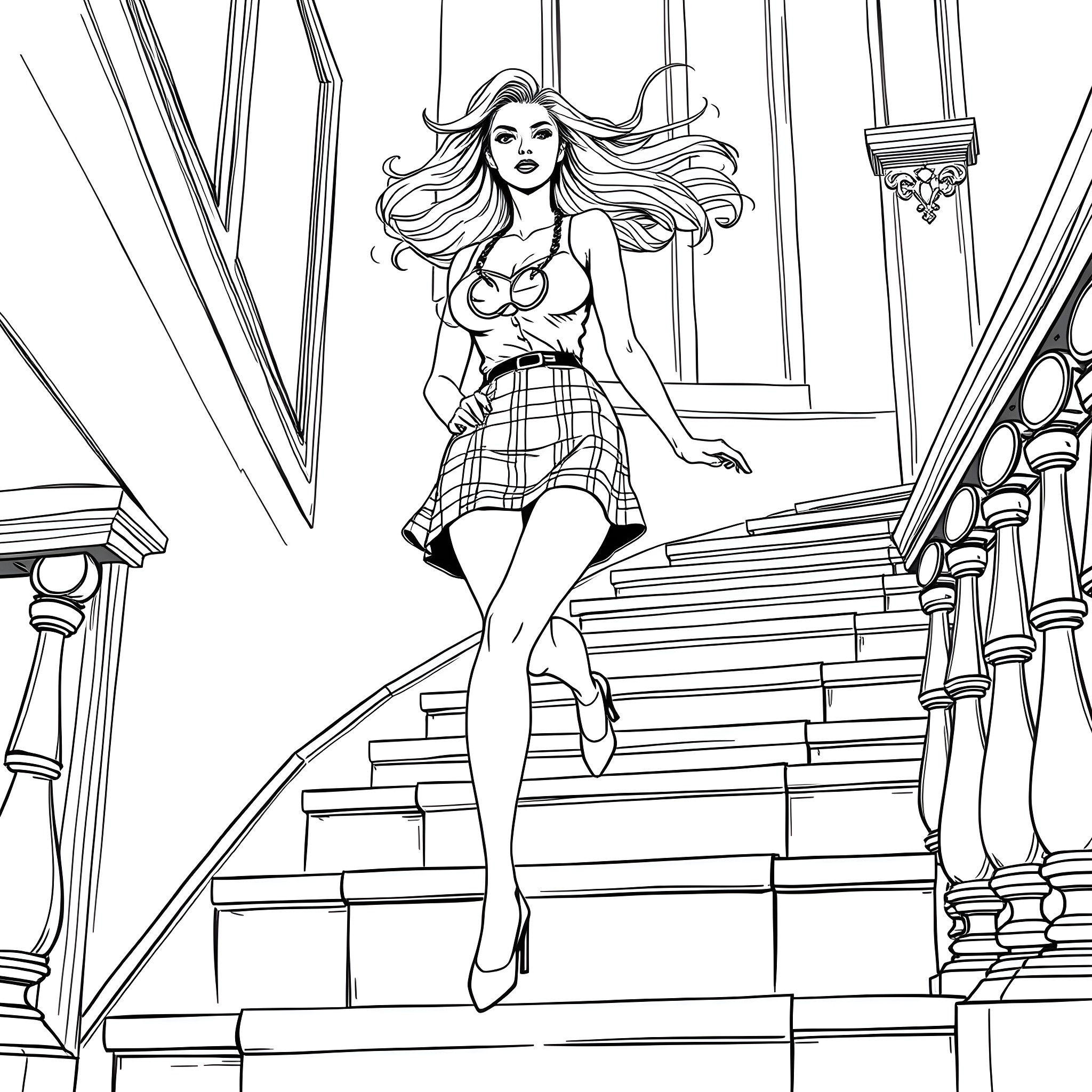 Woman with flowing hair on grand staircase Coloring Page (free black-and-white line drawing printable PDF for all, from beginners to advanced learners, including children, teens, adults, and seniors)