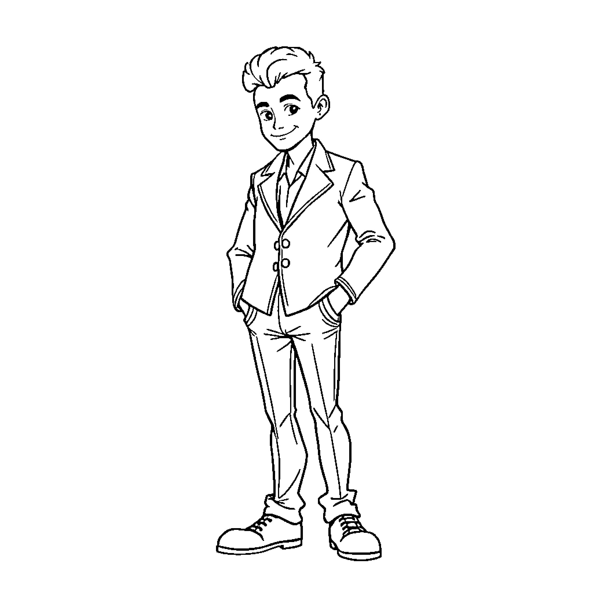Louis in a smart suit with a playful expression Coloring Page (free black-and-white line drawing printable PDF for all, from beginners to advanced learners, including children, teens, adults, and seniors)