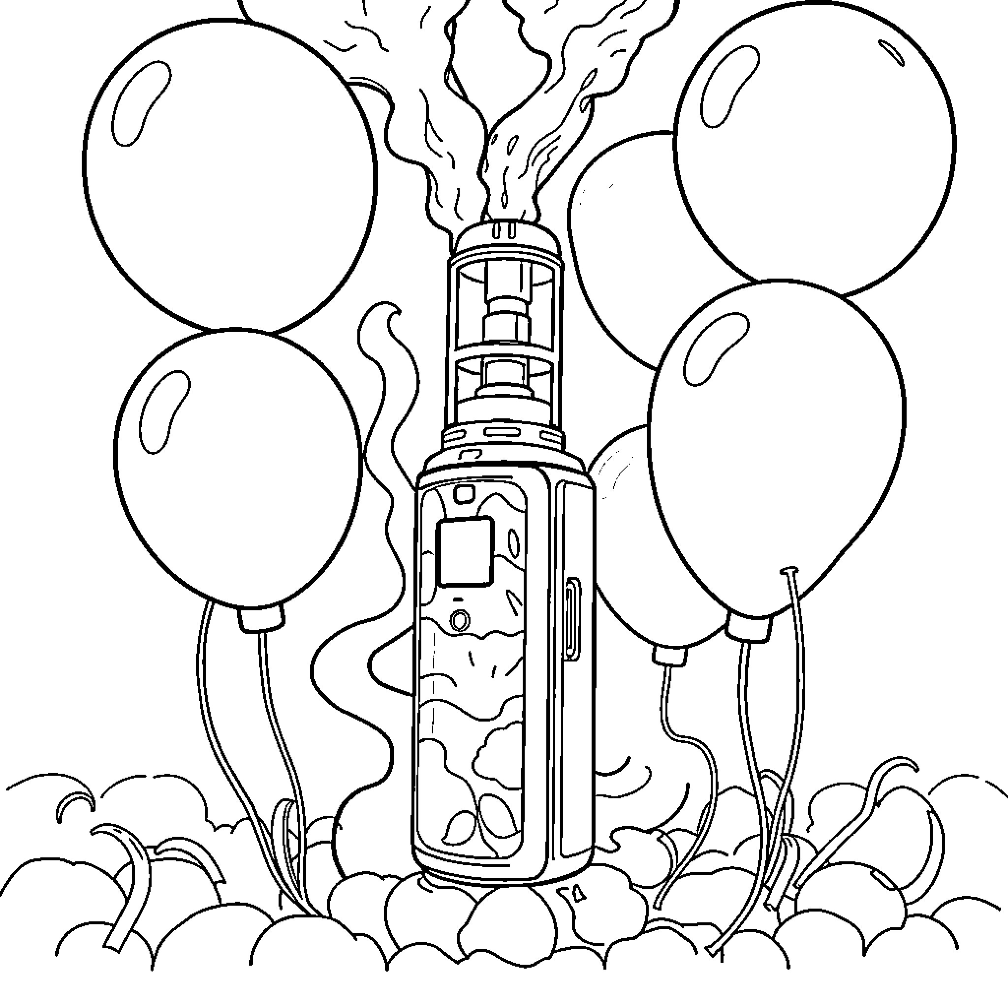 Vape device emitting smoke with balloons Coloring Page (free black-and-white line drawing printable PDF for all, from beginners to advanced learners, including children, teens, adults, and seniors)