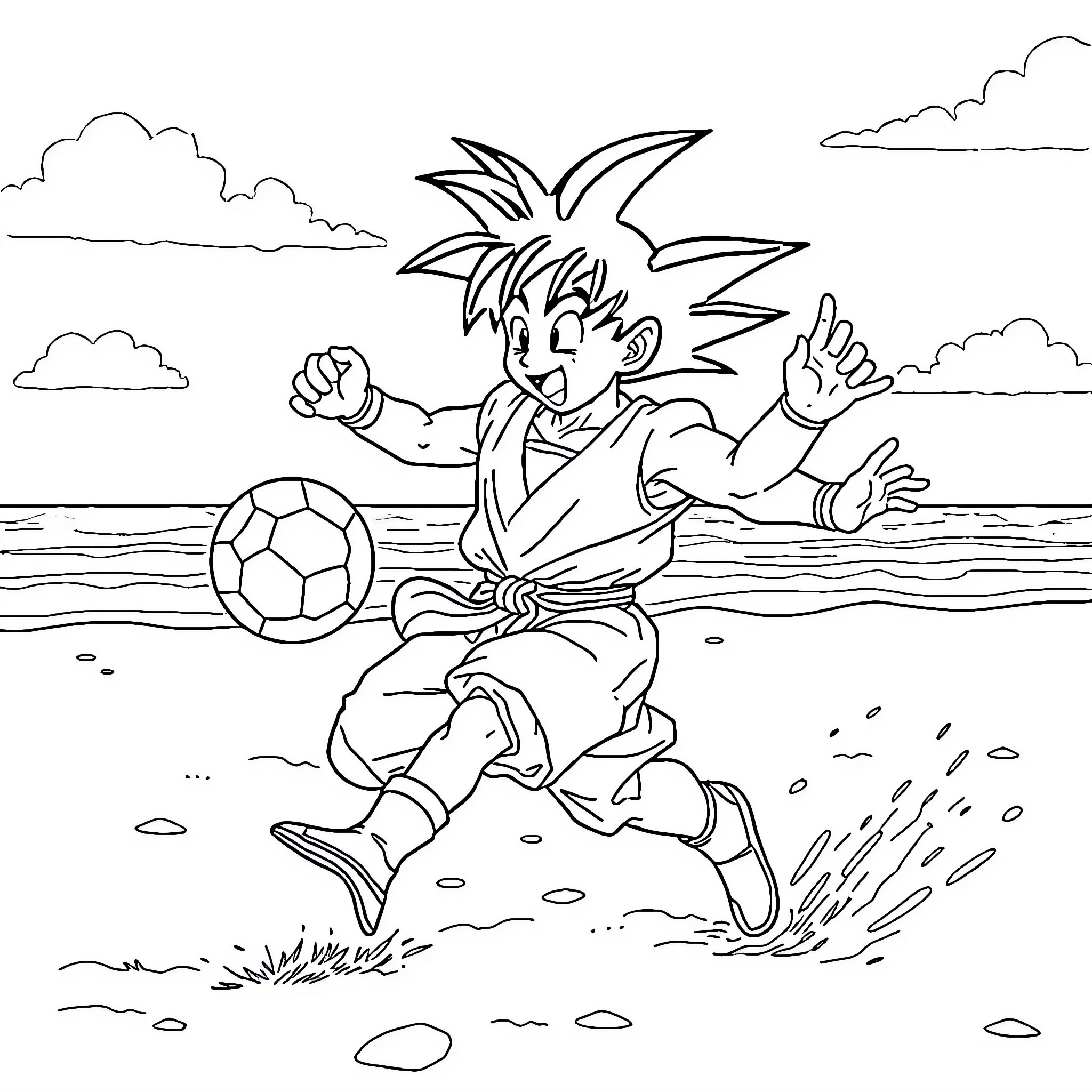 Goku playing soccer on the beach Coloring Page (free black-and-white line drawing printable PDF for all, from beginners to advanced learners, including children, teens, adults, and seniors)