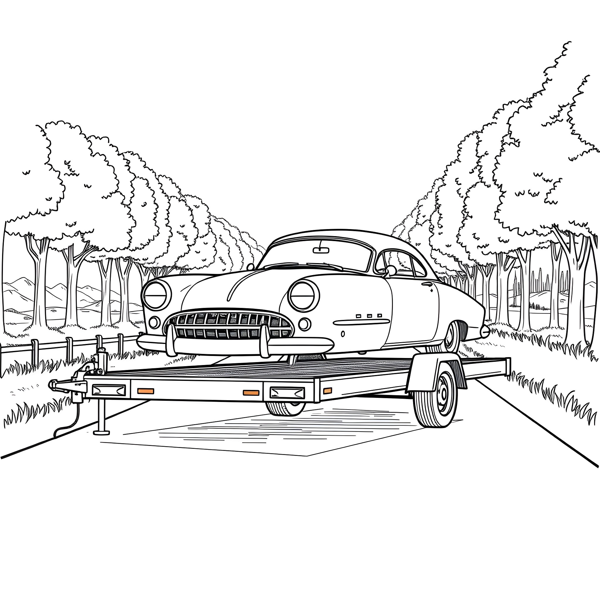 Car on a tow truck in a forested landscape Coloring Page (free black-and-white line drawing printable PDF for all, from beginners to advanced learners, including children, teens, adults, and seniors)