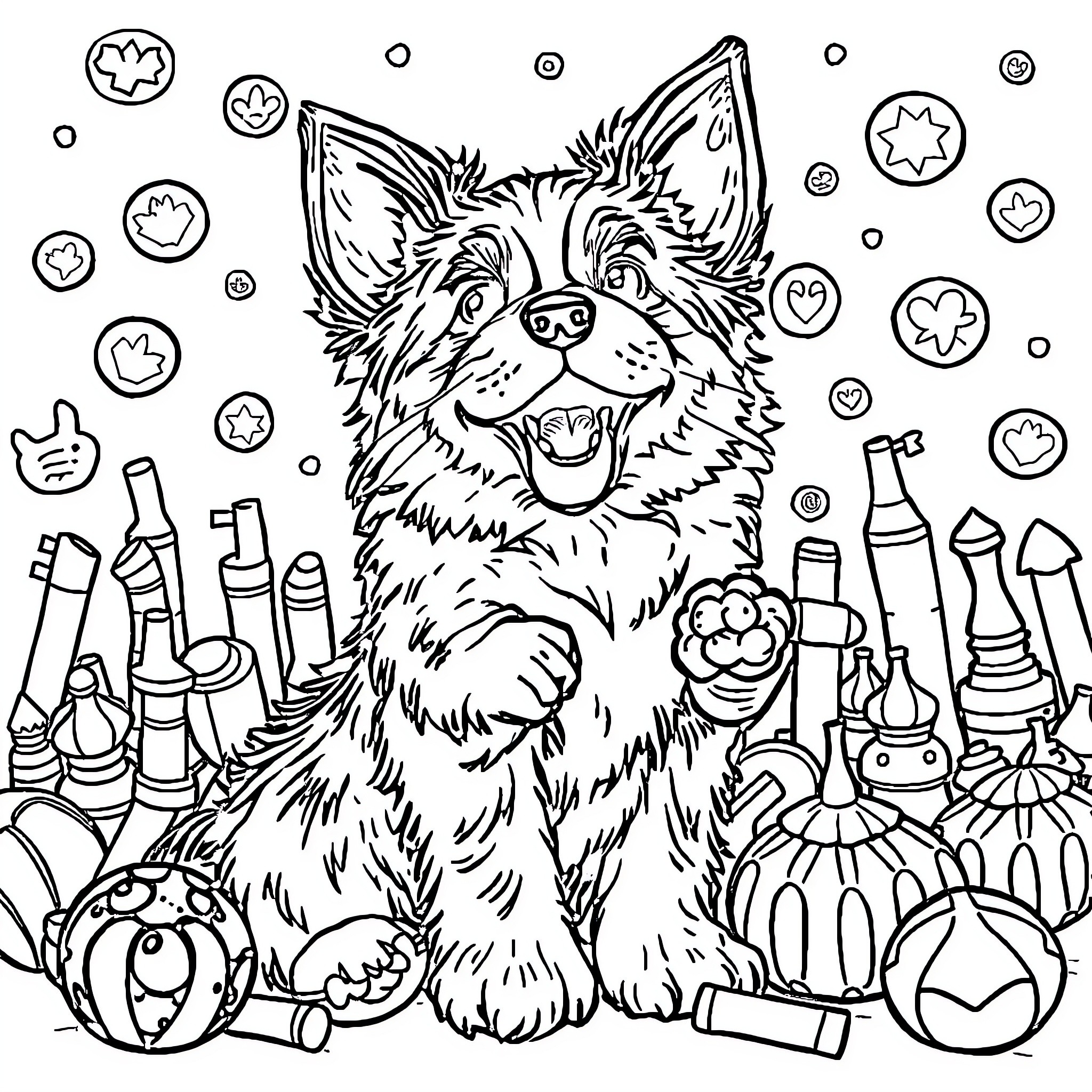 Dog playing with toys in a colorful scene Coloring Page (free black-and-white line drawing printable PDF for all, from beginners to advanced learners, including children, teens, adults, and seniors)