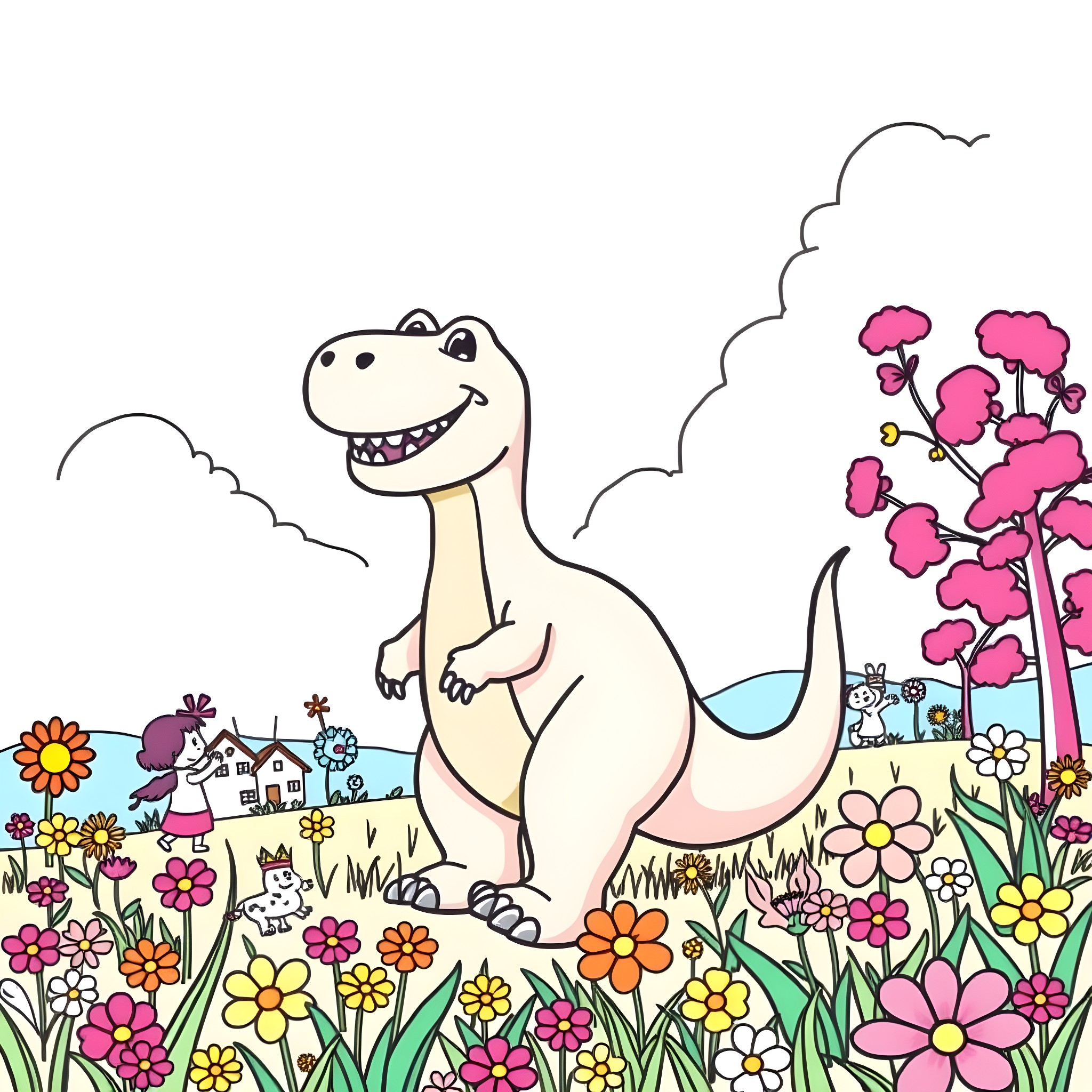 Barney the friendly dinosaur exploring a floral garden Coloring Page (free black-and-white line drawing printable PDF for all, from beginners to advanced learners, including children, teens, adults, and seniors)