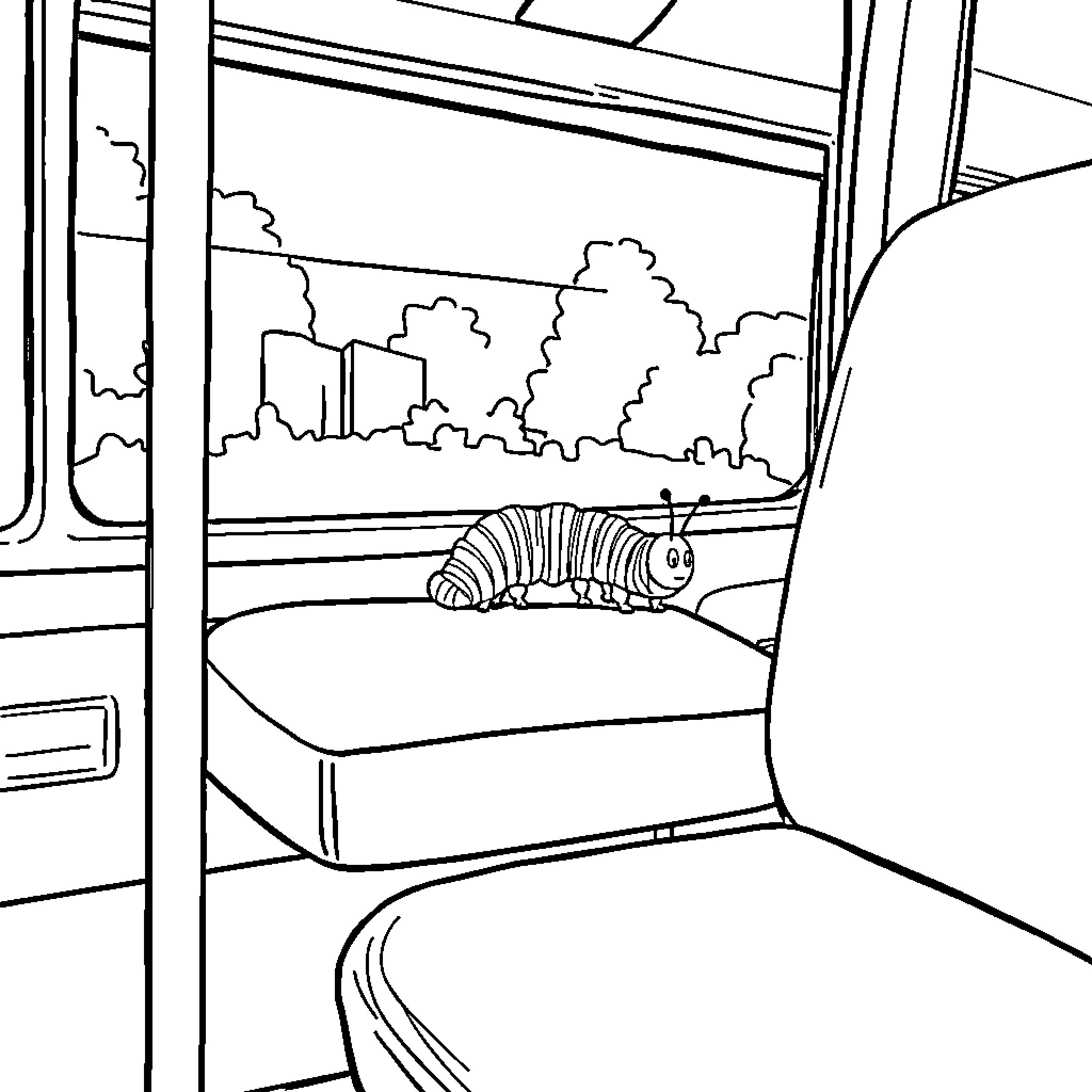 Caterpillar exploring the cozy interior Coloring Page (free black-and-white line drawing printable PDF for all, from beginners to advanced learners, including children, teens, adults, and seniors)