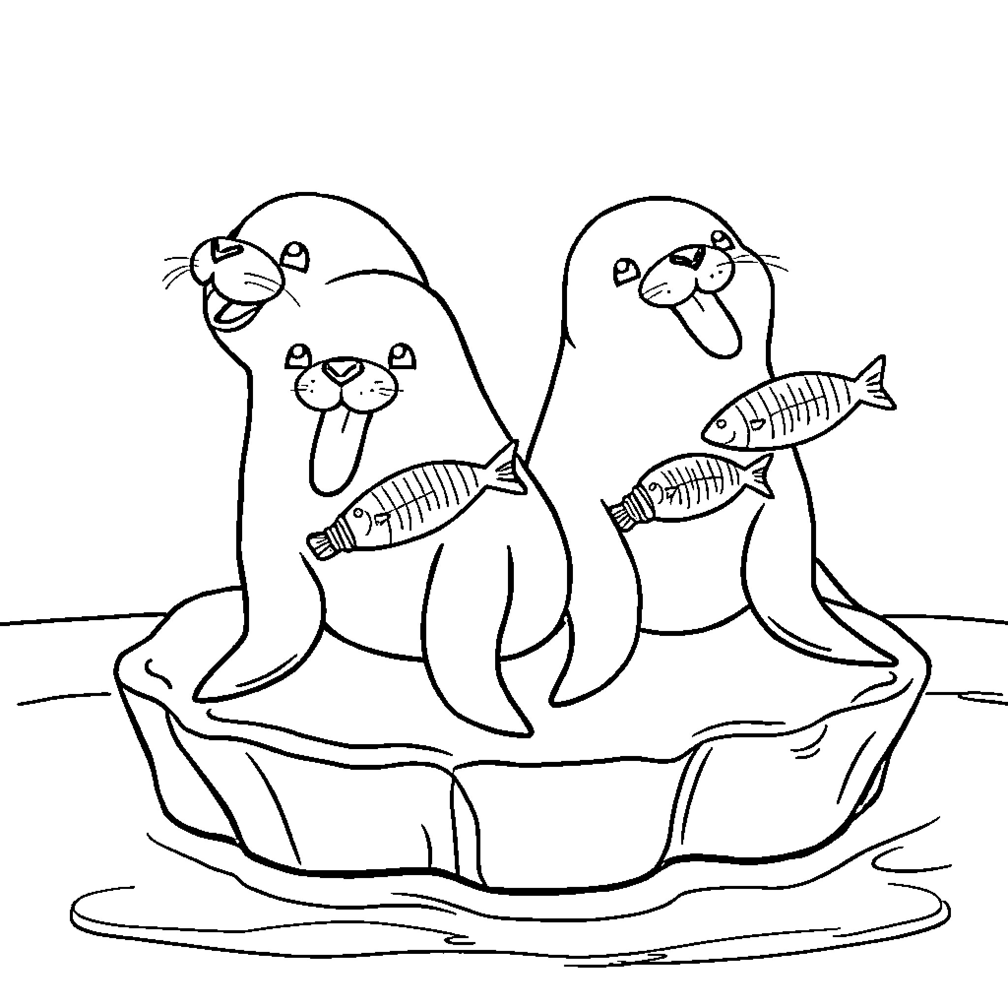 Seal family playing with fish on ice floe Coloring Page (free black-and-white line drawing printable PDF for all, from beginners to advanced learners, including children, teens, adults, and seniors)