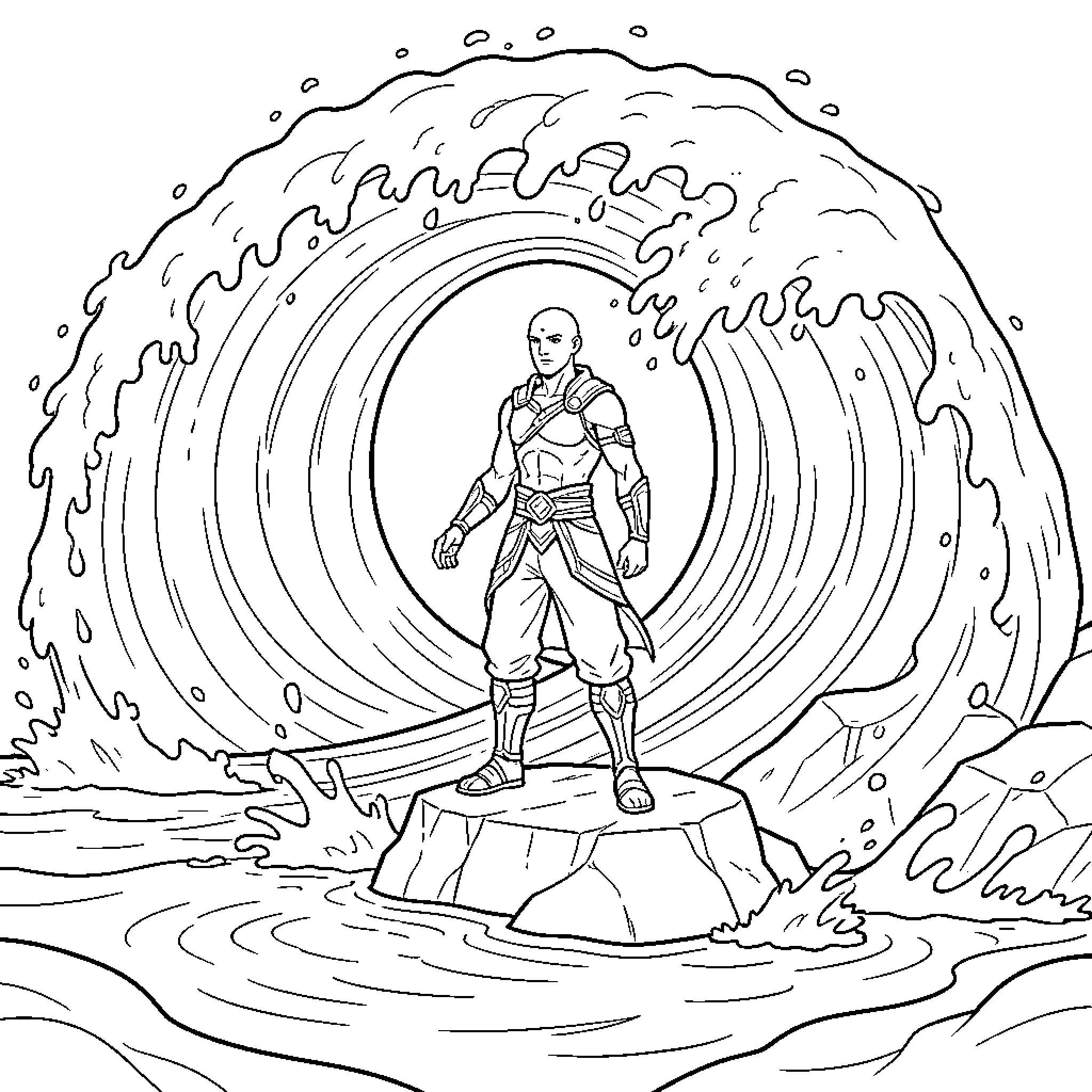 Avatar standing heroically amidst a massive swirling wave Coloring Page (free black-and-white line drawing printable PDF for all, from beginners to advanced learners, including children, teens, adults, and seniors)