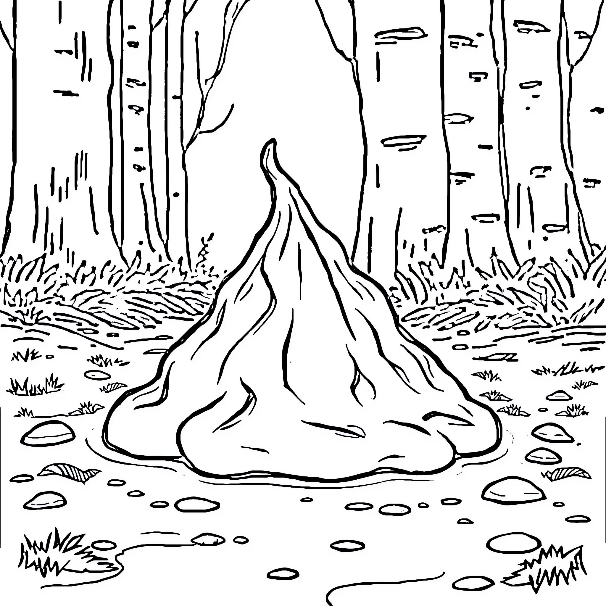 Poop shaped rock formation in forest Coloring Page (free black-and-white line drawing printable PDF for all, from beginners to advanced learners, including children, teens, adults, and seniors)