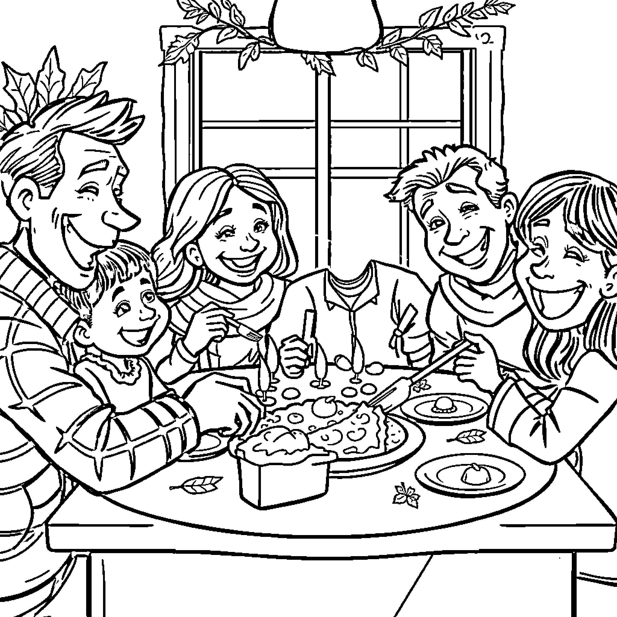 Family enjoying a cozy meal together Coloring Page (free black-and-white line drawing printable PDF for all, from beginners to advanced learners, including children, teens, adults, and seniors)