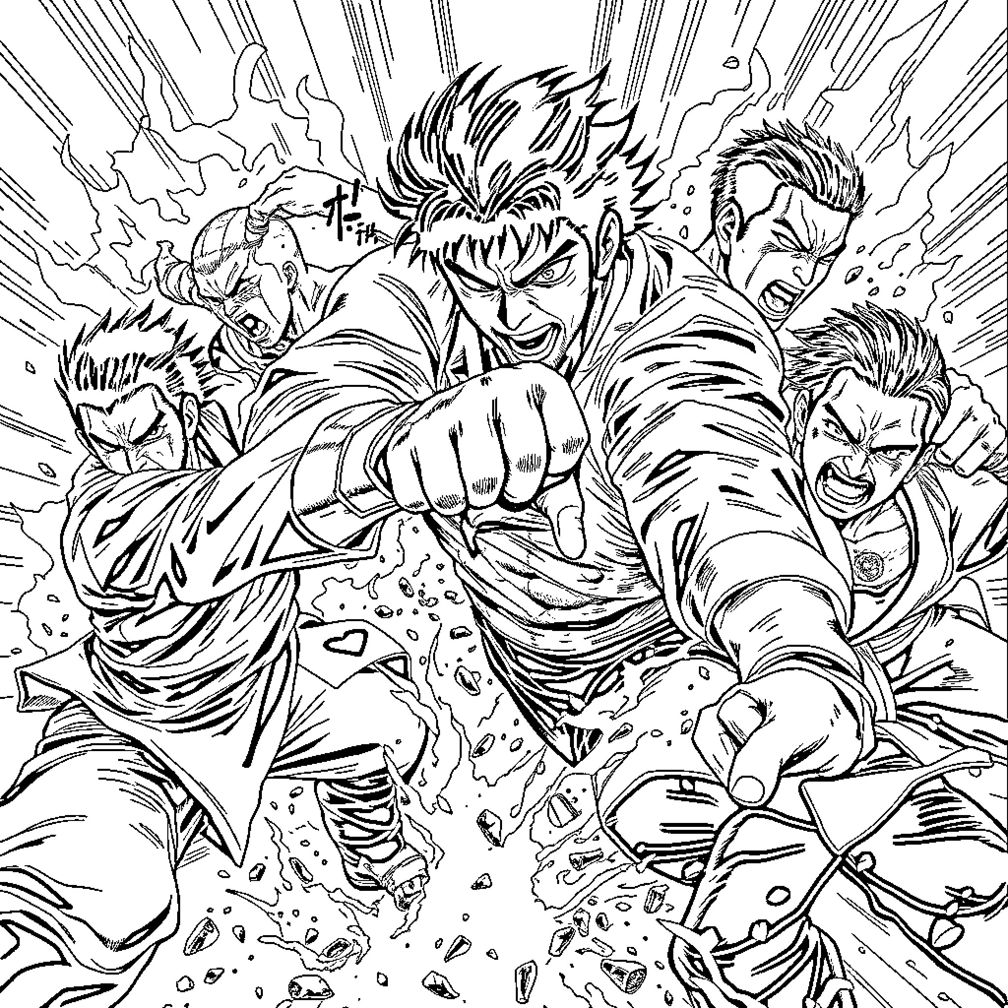 Mishima's Explosive Battle Fury Coloring Page (free black-and-white line drawing printable PDF for all, from beginners to advanced learners, including children, teens, adults, and seniors)