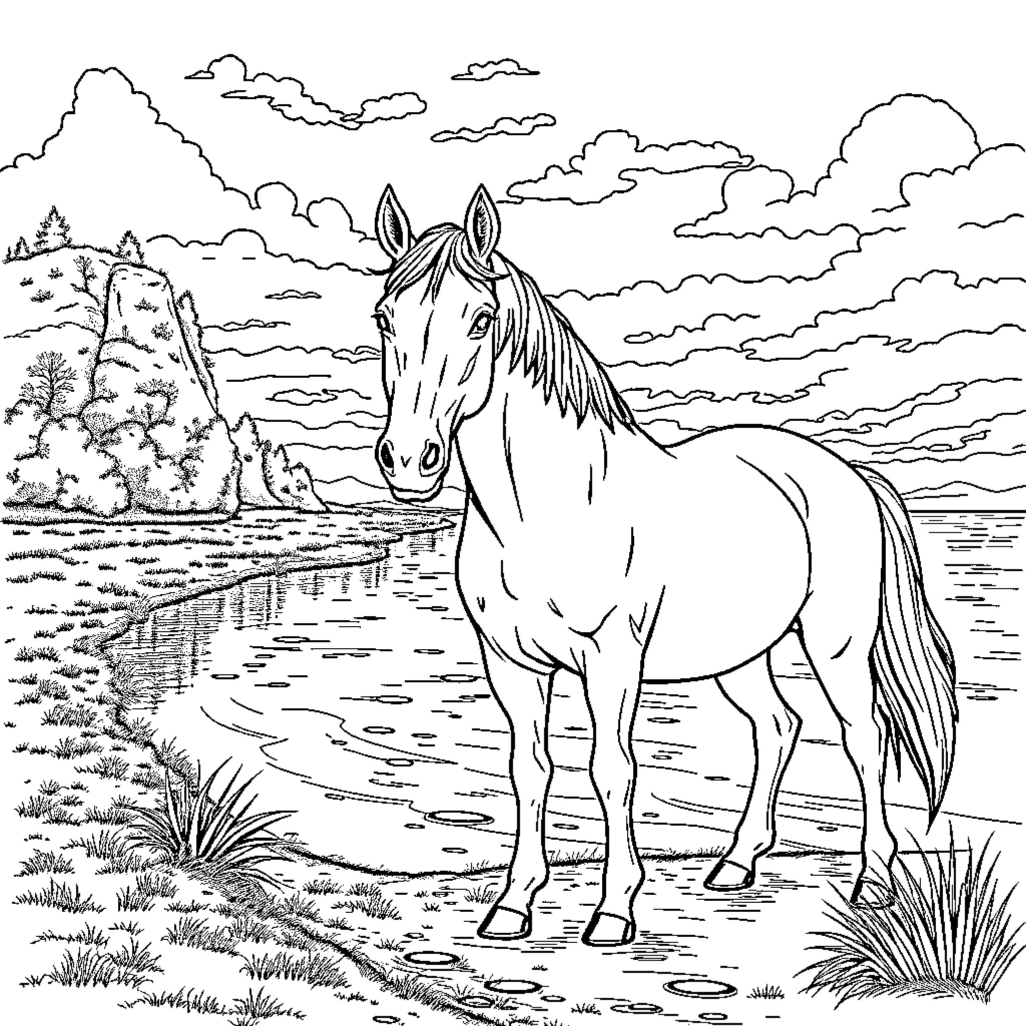 Horse standing calmly by a tranquil lake Coloring Page (free black-and-white line drawing printable PDF for all, from beginners to advanced learners, including children, teens, adults, and seniors)
