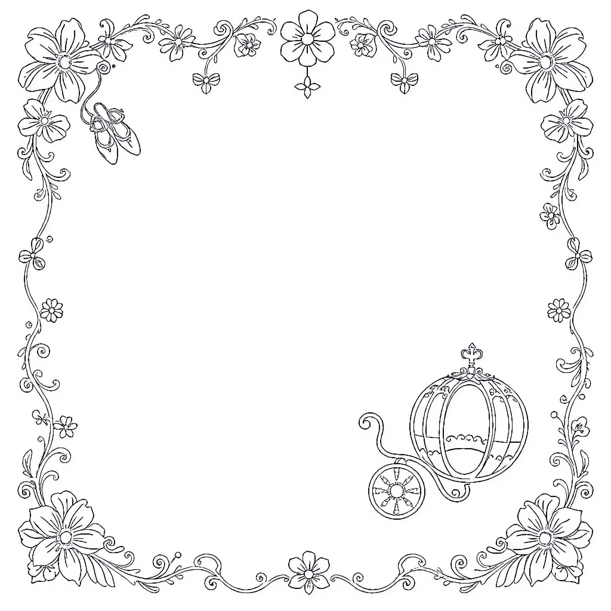 Cinderella's floral carriage frame Coloring Page (free black-and-white line drawing printable PDF for all, from beginners to advanced learners, including children, teens, adults, and seniors)