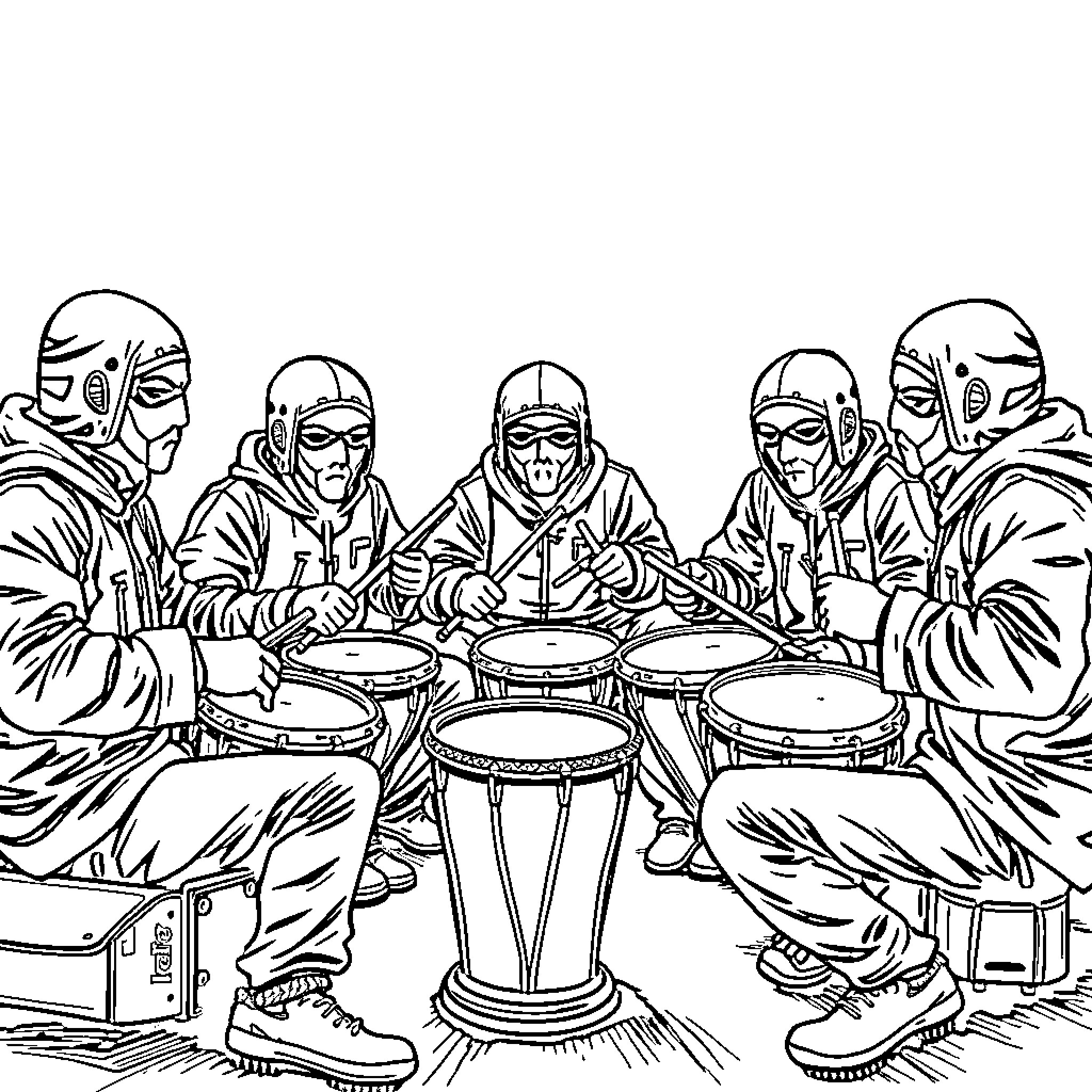 Ice Agent Drumline Performance Coloring Page (free black-and-white line drawing printable PDF for all, from beginners to advanced learners, including children, teens, adults, and seniors)