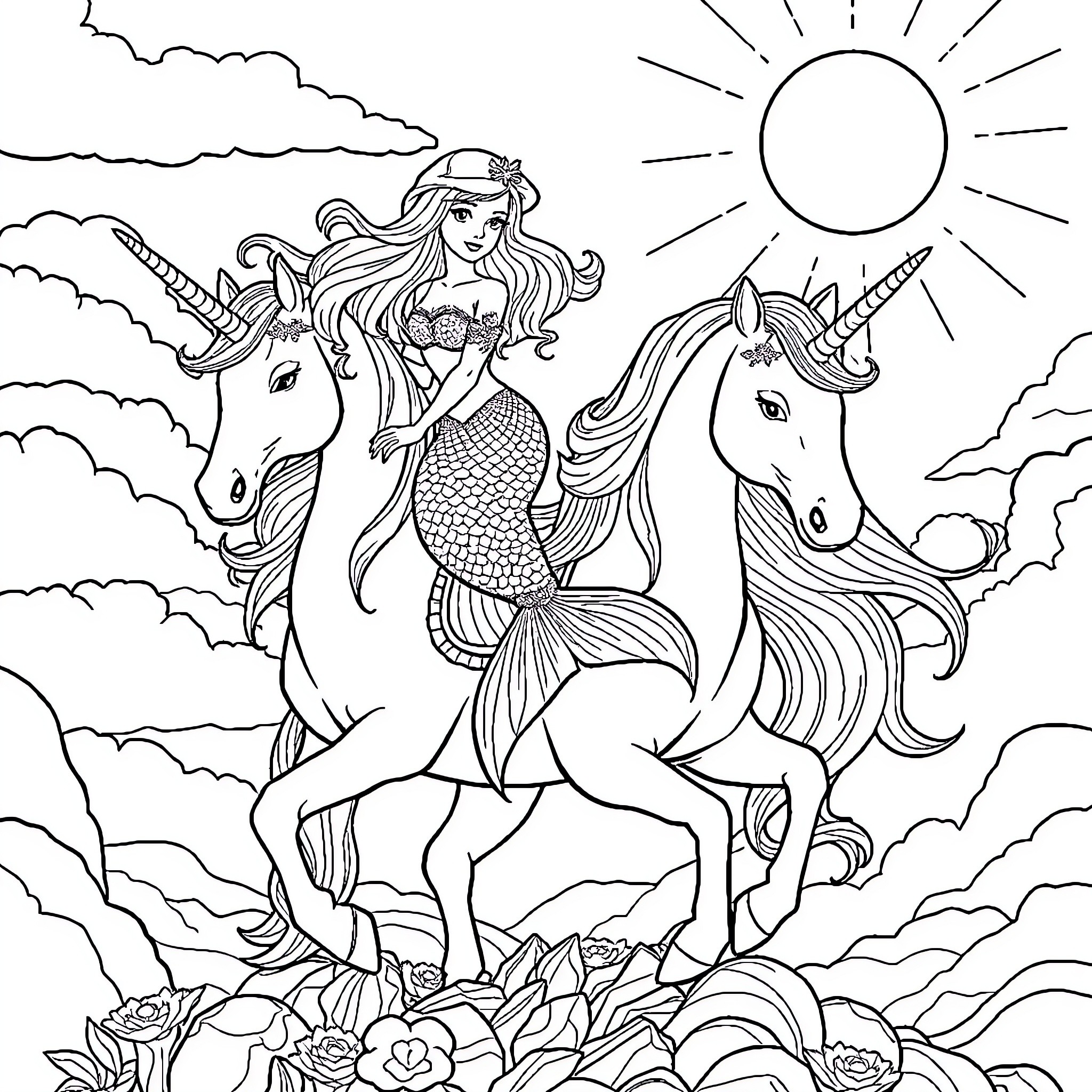 Mermaid riding unicorns in magical fantasy landscape Coloring Page (free black-and-white line drawing printable PDF for all, from beginners to advanced learners, including children, teens, adults, and seniors)