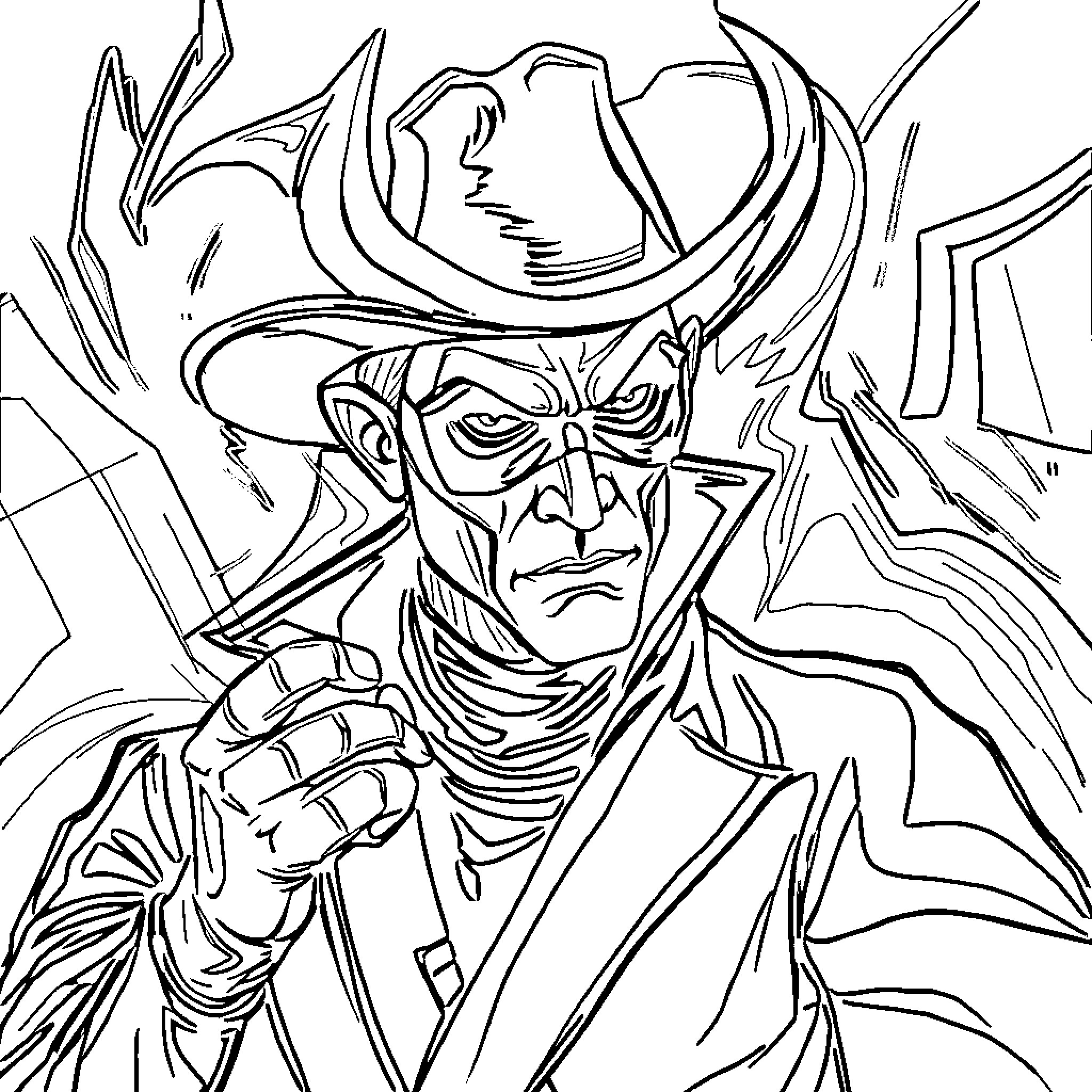 Zorro the Masked Vigilante in Action Coloring Page (free black-and-white line drawing printable PDF for all, from beginners to advanced learners, including children, teens, adults, and seniors)