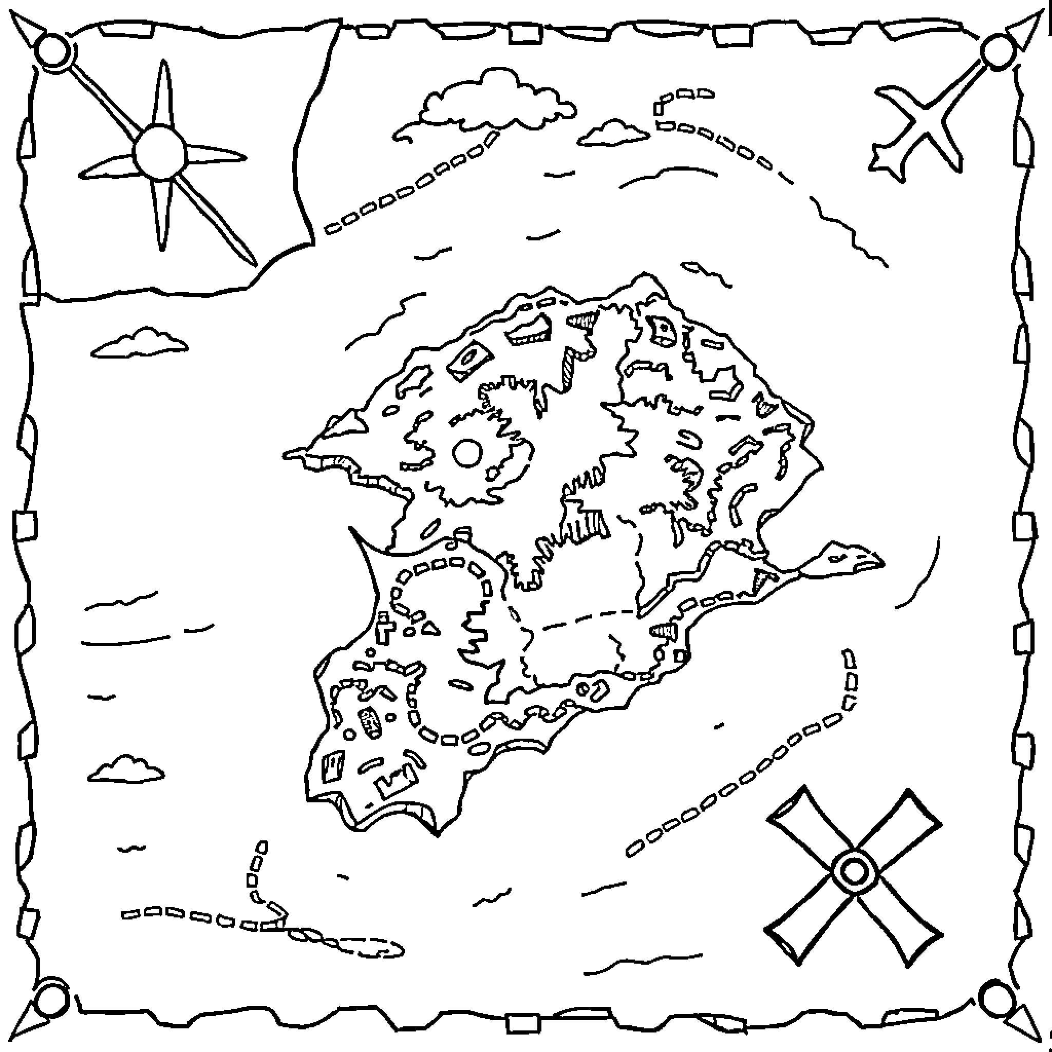 Treasure Map of a Mysterious Island Coloring Page (free black-and-white line drawing printable PDF for all, from beginners to advanced learners, including children, teens, adults, and seniors)
