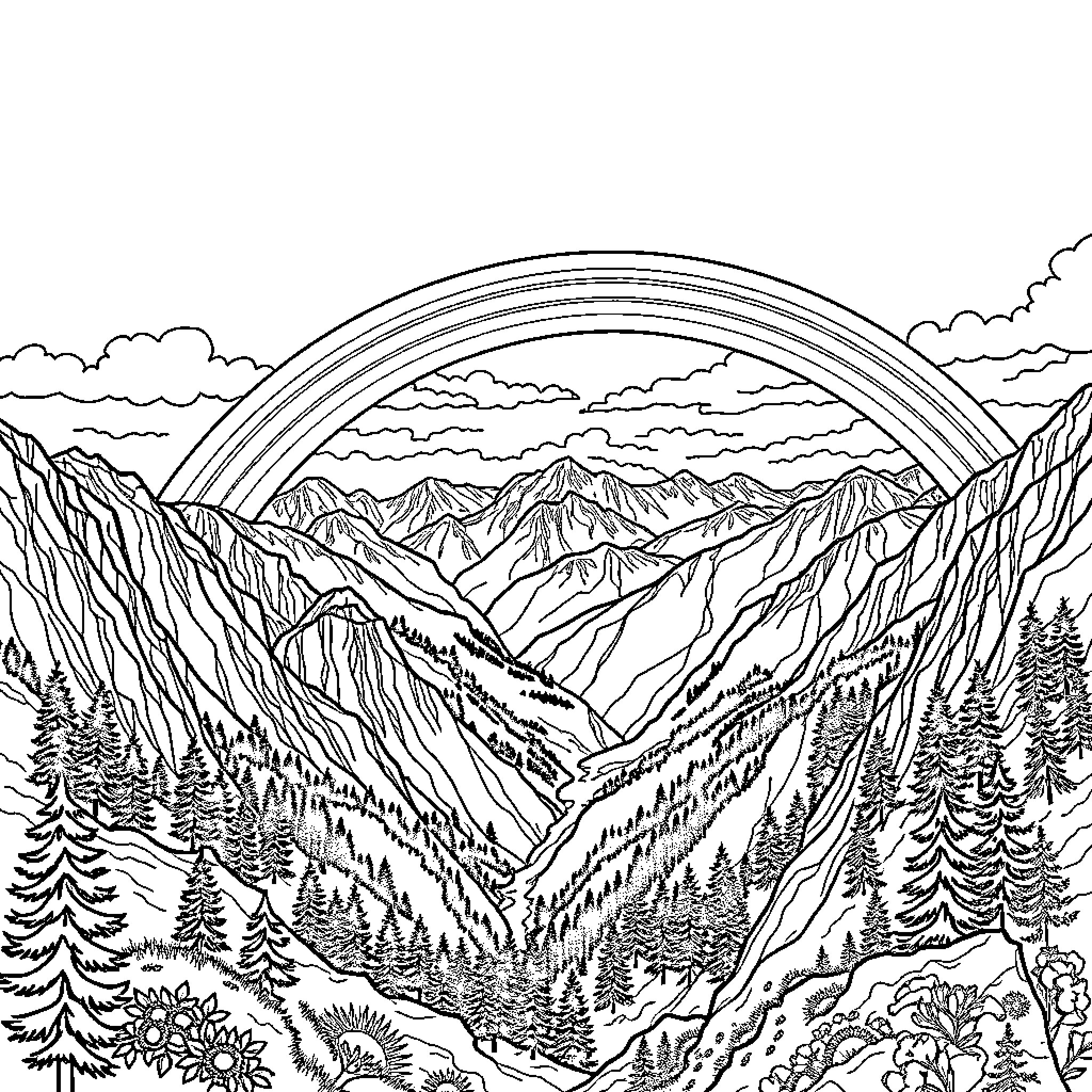 Rainbow Scenery in the Magnificent Mountains Coloring Page (free black-and-white line drawing printable PDF for all, from beginners to advanced learners, including children, teens, adults, and seniors)