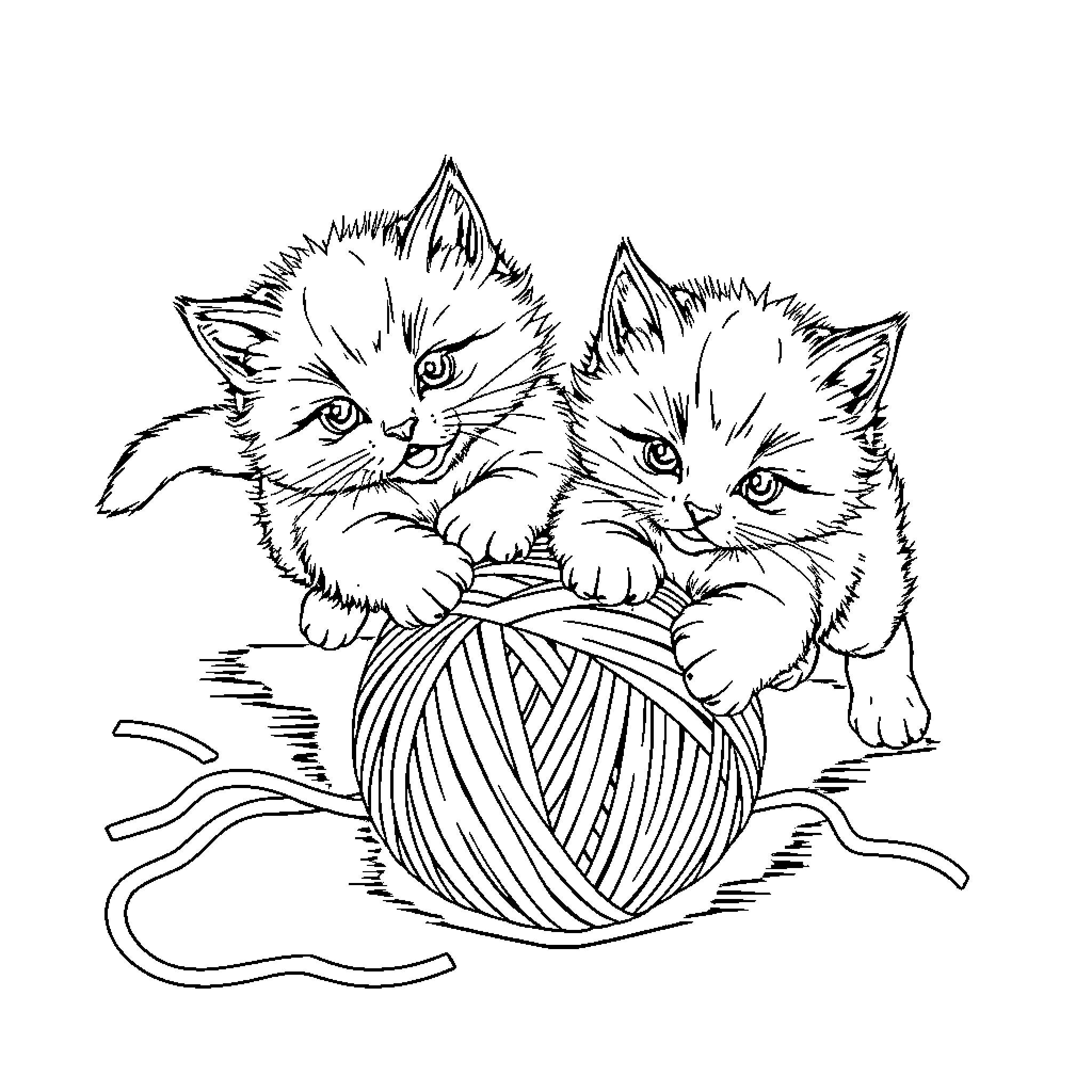 Kittens playing with yarn ball Coloring Page (free black-and-white line drawing printable PDF for all, from beginners to advanced learners, including children, teens, adults, and seniors)