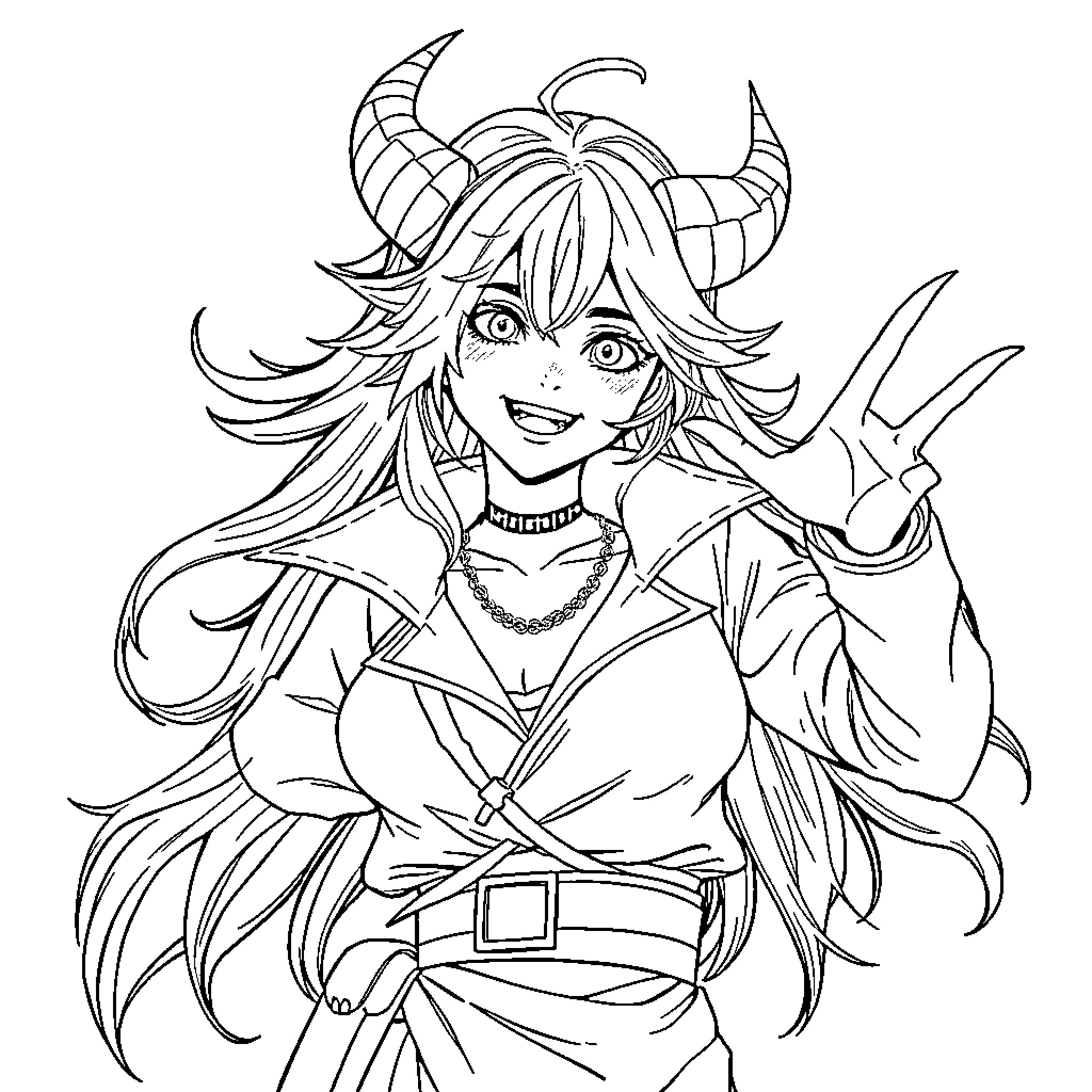 K-POP Demon Hunter with Horns Strikes a Pose Coloring Page (free black-and-white line drawing printable PDF for all, from beginners to advanced learners, including children, teens, adults, and seniors)