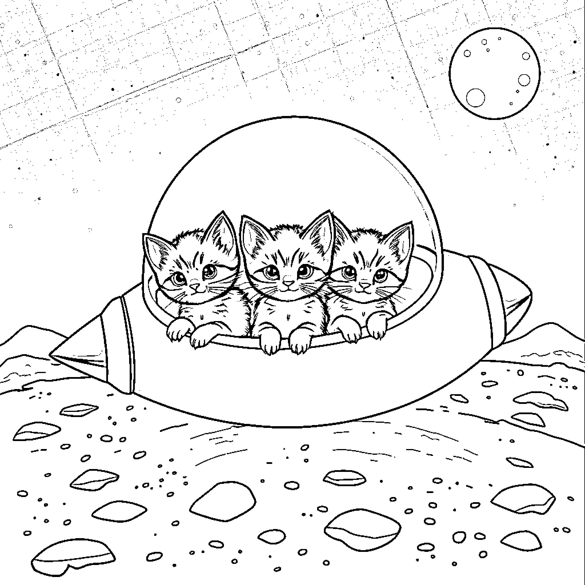 Kittens peering from a spaceship window Coloring Page (free black-and-white line drawing printable PDF for all, from beginners to advanced learners, including children, teens, adults, and seniors)