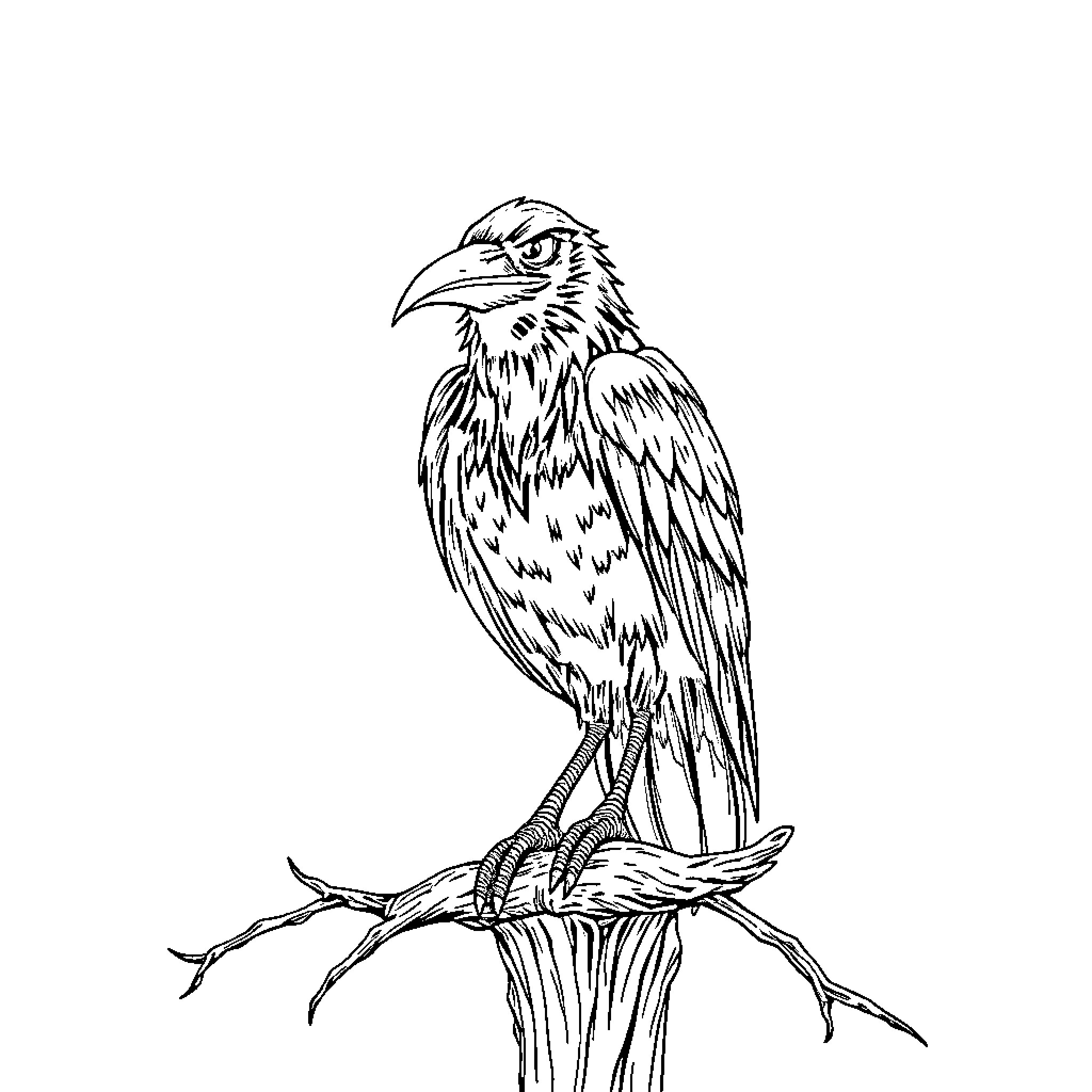 Crow perched on a tree branch Coloring Page (free black-and-white line drawing printable PDF for all, from beginners to advanced learners, including children, teens, adults, and seniors)