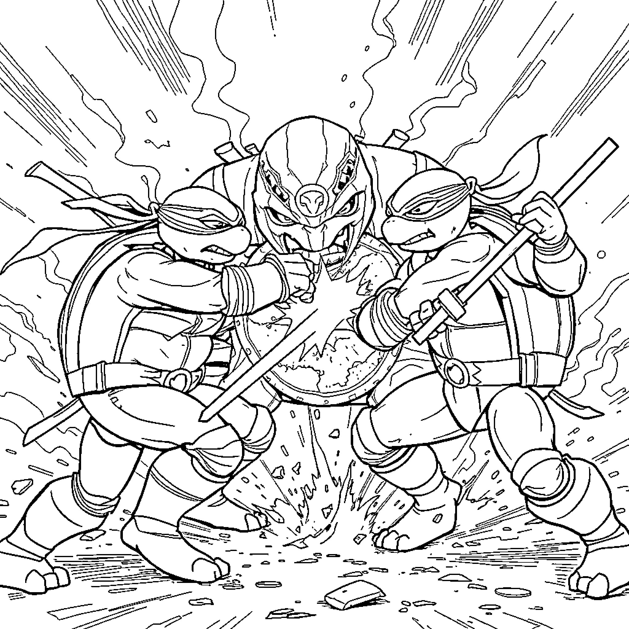 Turtle warriors engaging in intense battle Coloring Page (free black-and-white line drawing printable PDF for all, from beginners to advanced learners, including children, teens, adults, and seniors)