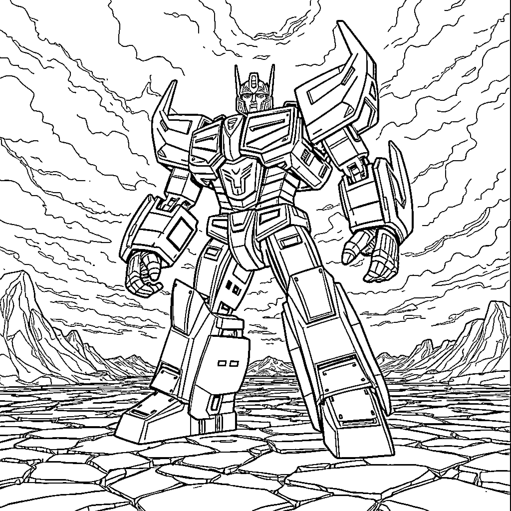 Megatron, the Mighty Robotic Leader, Towers Over the Landscape Coloring Page (free black-and-white line drawing printable PDF for all, from beginners to advanced learners, including children, teens, adults, and seniors)