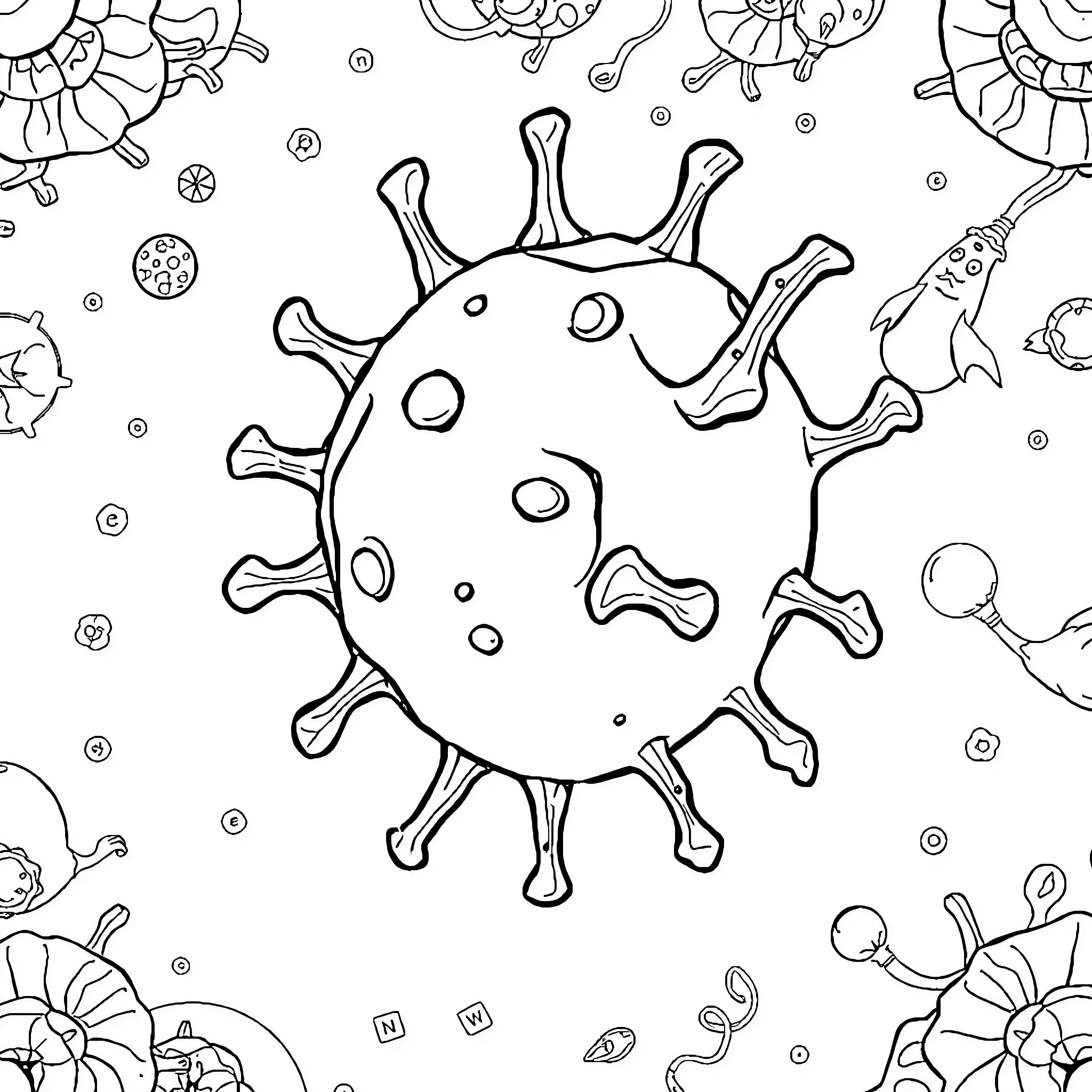 Herpez Zoster: Microscopic view of viral structure Coloring Page (free black-and-white line drawing printable PDF for all, from beginners to advanced learners, including children, teens, adults, and seniors)