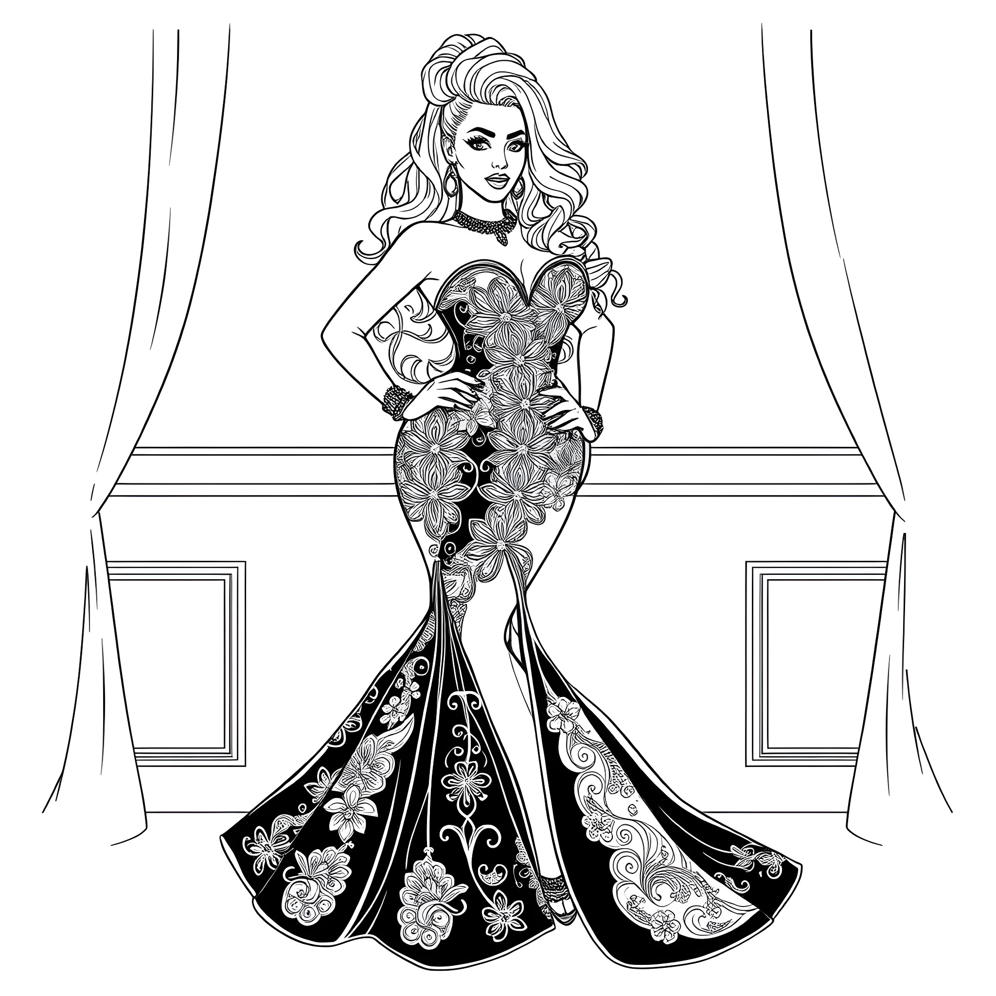 Nicki Minaj in a Stunning Floral Gown Coloring Page (free black-and-white line drawing printable PDF for all, from beginners to advanced learners, including children, teens, adults, and seniors)